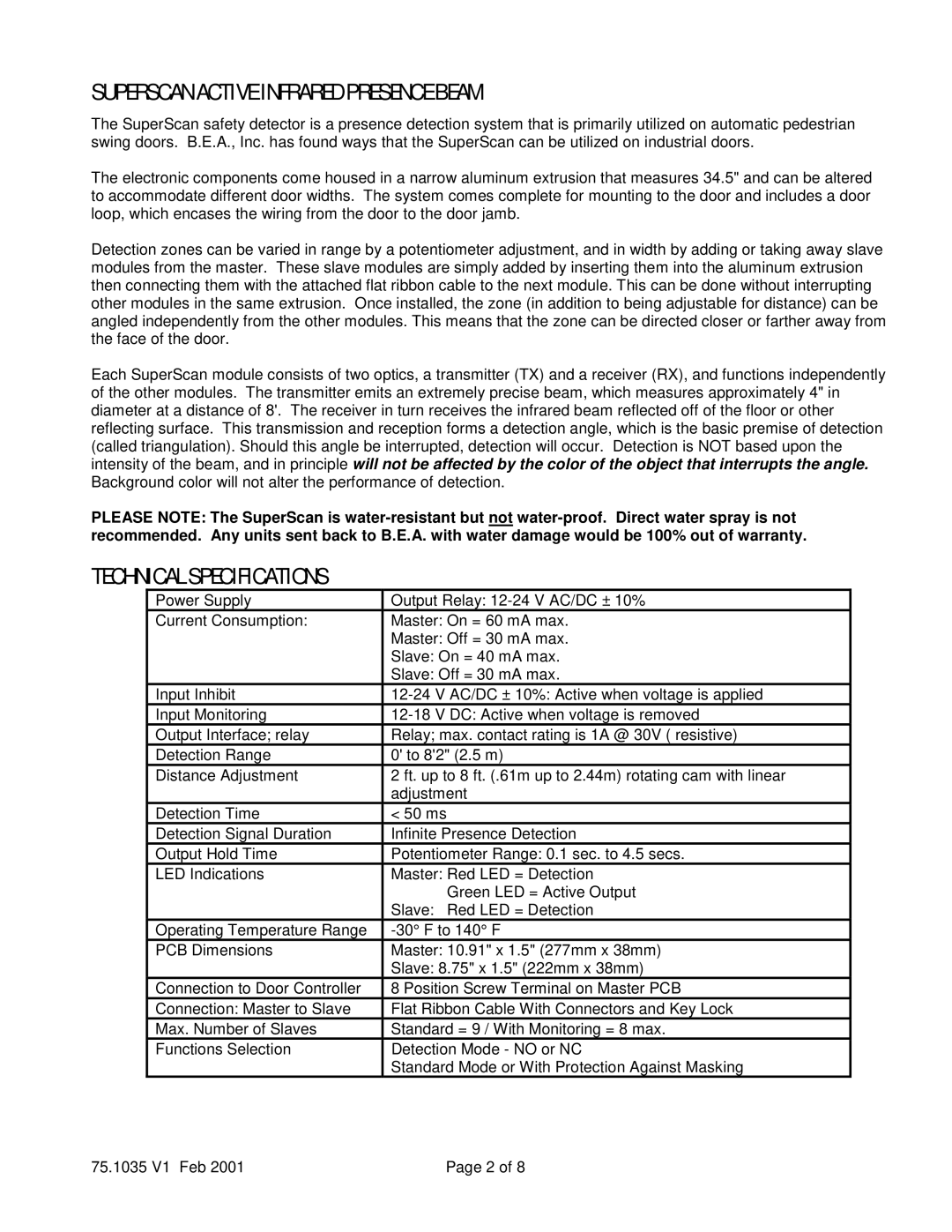 BEA instruction manual Superscan Active Infrared Presence Beam, Technical Specifications 