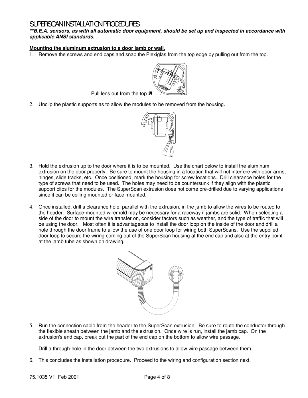 BEA instruction manual Superscan Installation Procedures, Mounting the aluminum extrusion to a door jamb or wall 