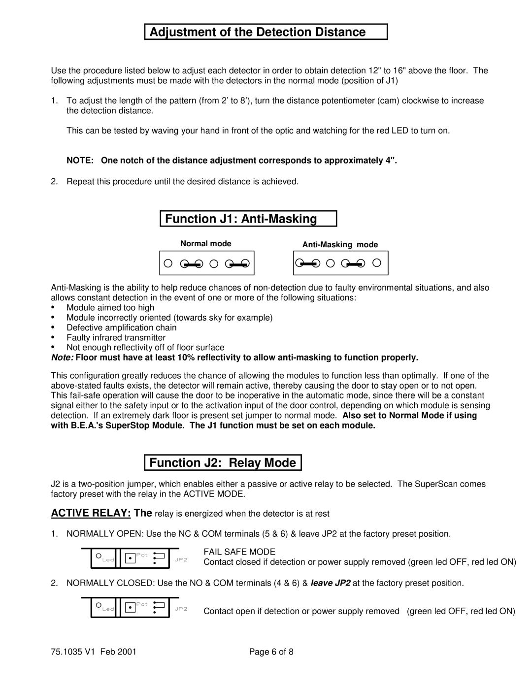 BEA Superscan instruction manual Adjustment of the Detection Distance, Function J1 Anti-Masking, Function J2 Relay Mode 