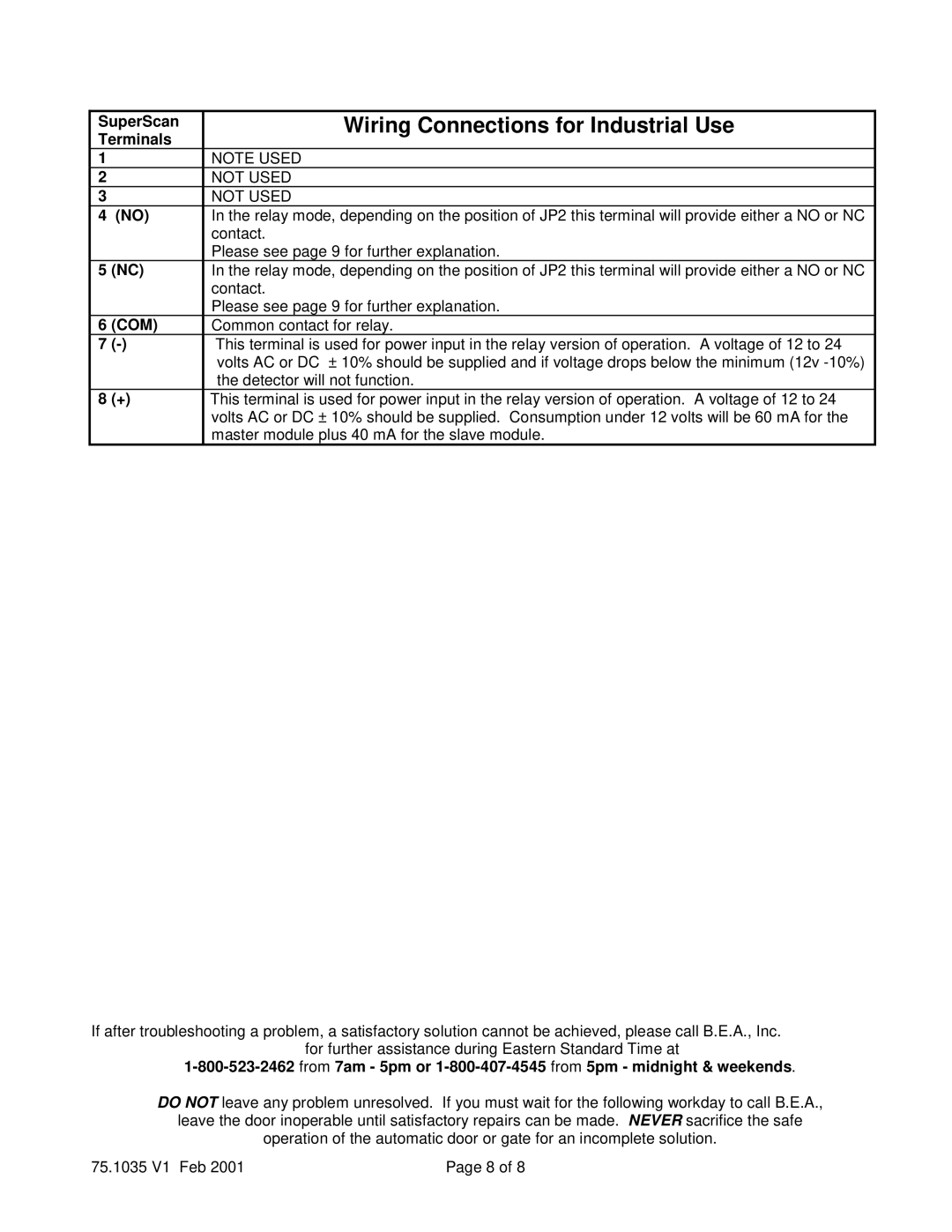 BEA Superscan instruction manual Wiring Connections for Industrial Use, SuperScan, Terminals, Com 