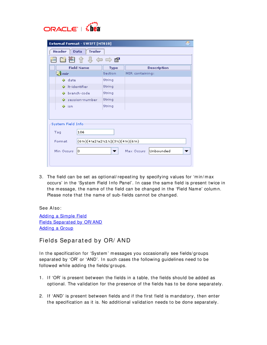 BEA SWIFT Adapter manual Fields Separated by OR/AND 