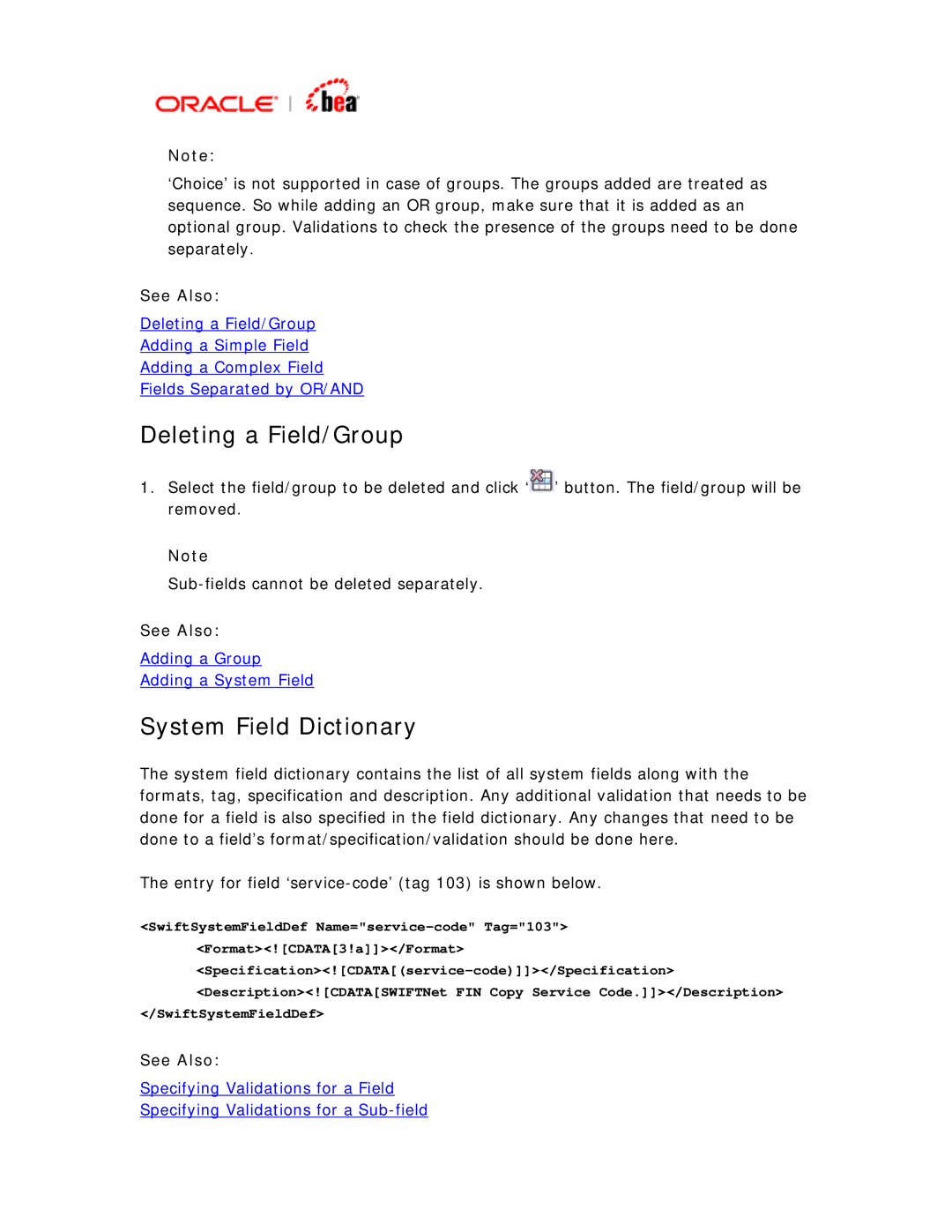 BEA SWIFT Adapter manual Deleting a Field/Group, System Field Dictionary 