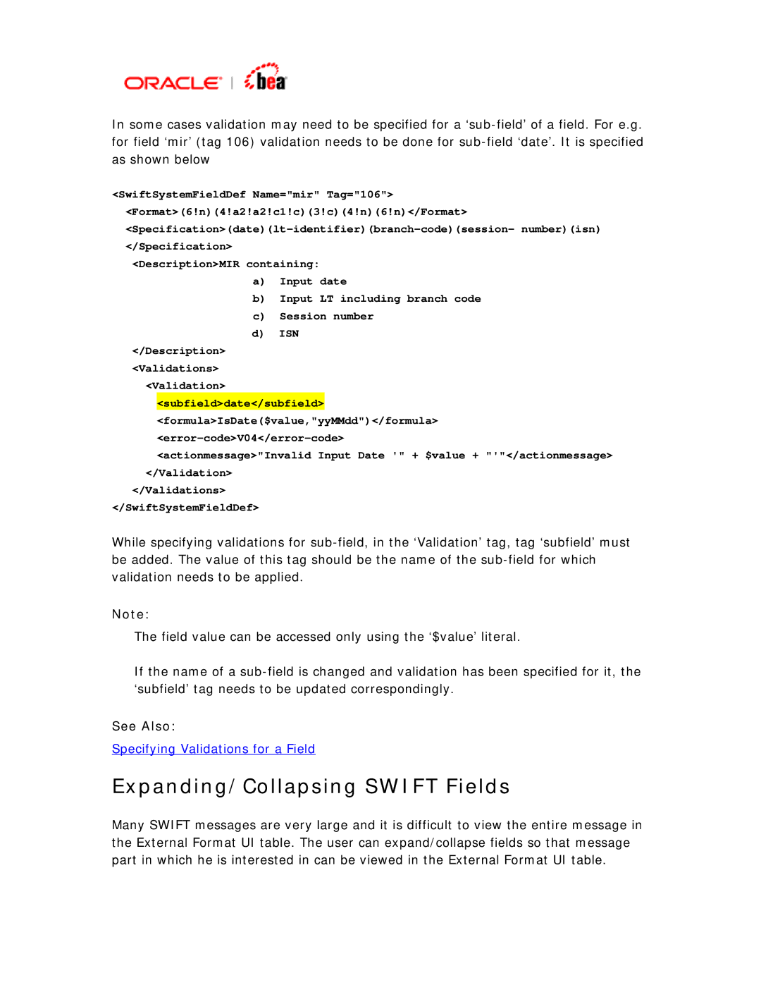 BEA SWIFT Adapter manual Expanding/Collapsing Swift Fields 