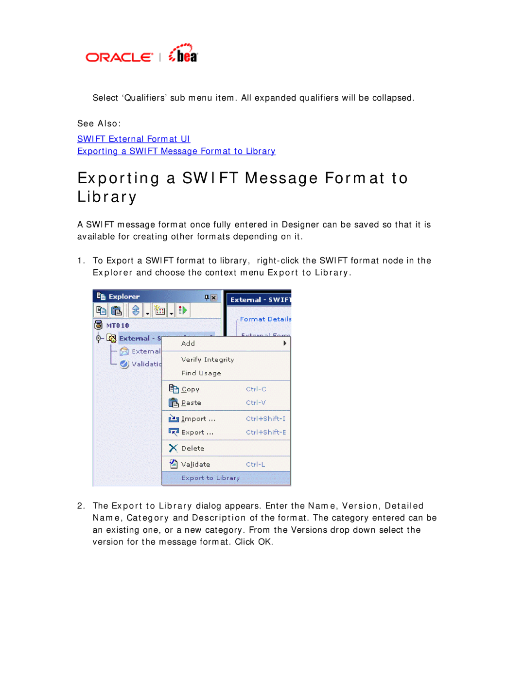 BEA SWIFT Adapter manual Exporting a Swift Message Format to Library 