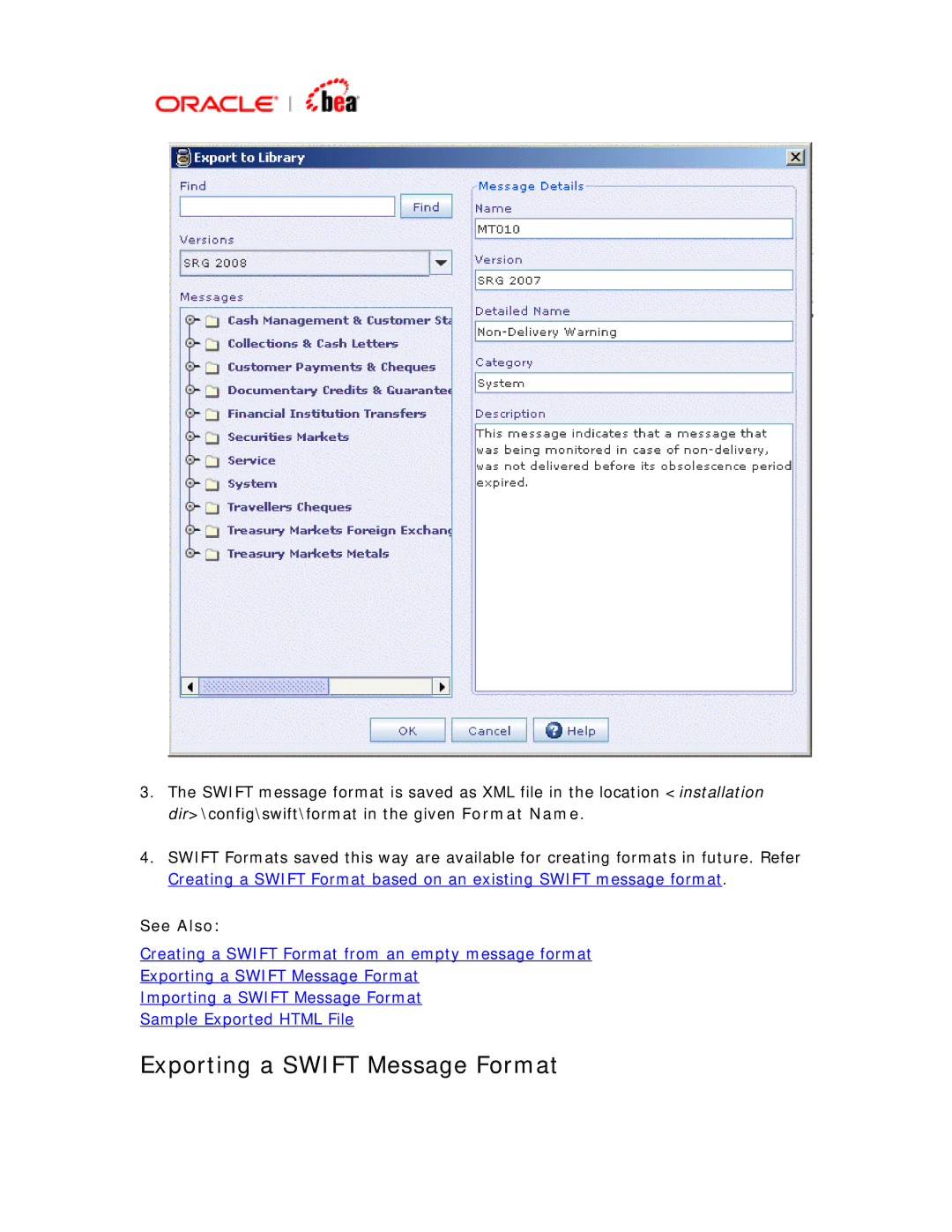 BEA SWIFT Adapter manual Exporting a Swift Message Format 