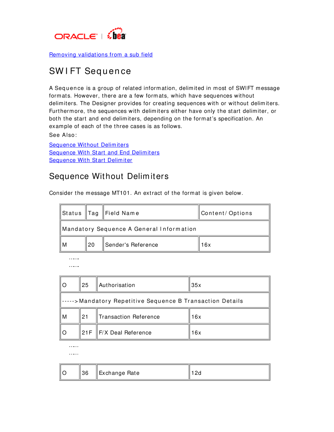 BEA SWIFT Adapter manual Swift Sequence, Sequence Without Delimiters 