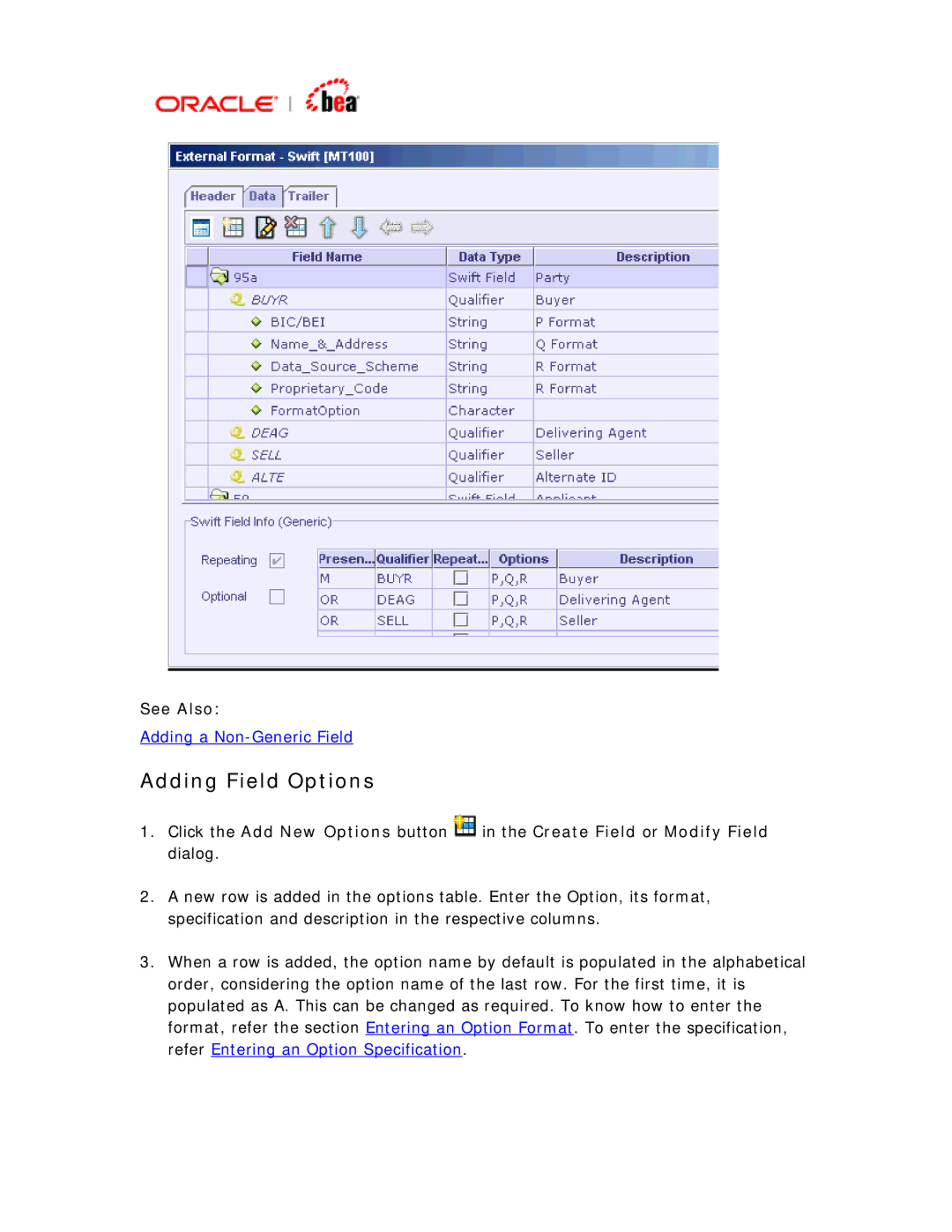 BEA SWIFT Adapter manual Adding Field Options 