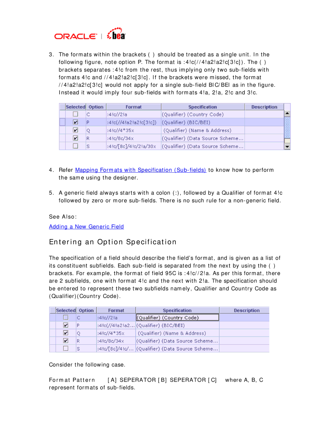 BEA SWIFT Adapter manual Entering an Option Specification 