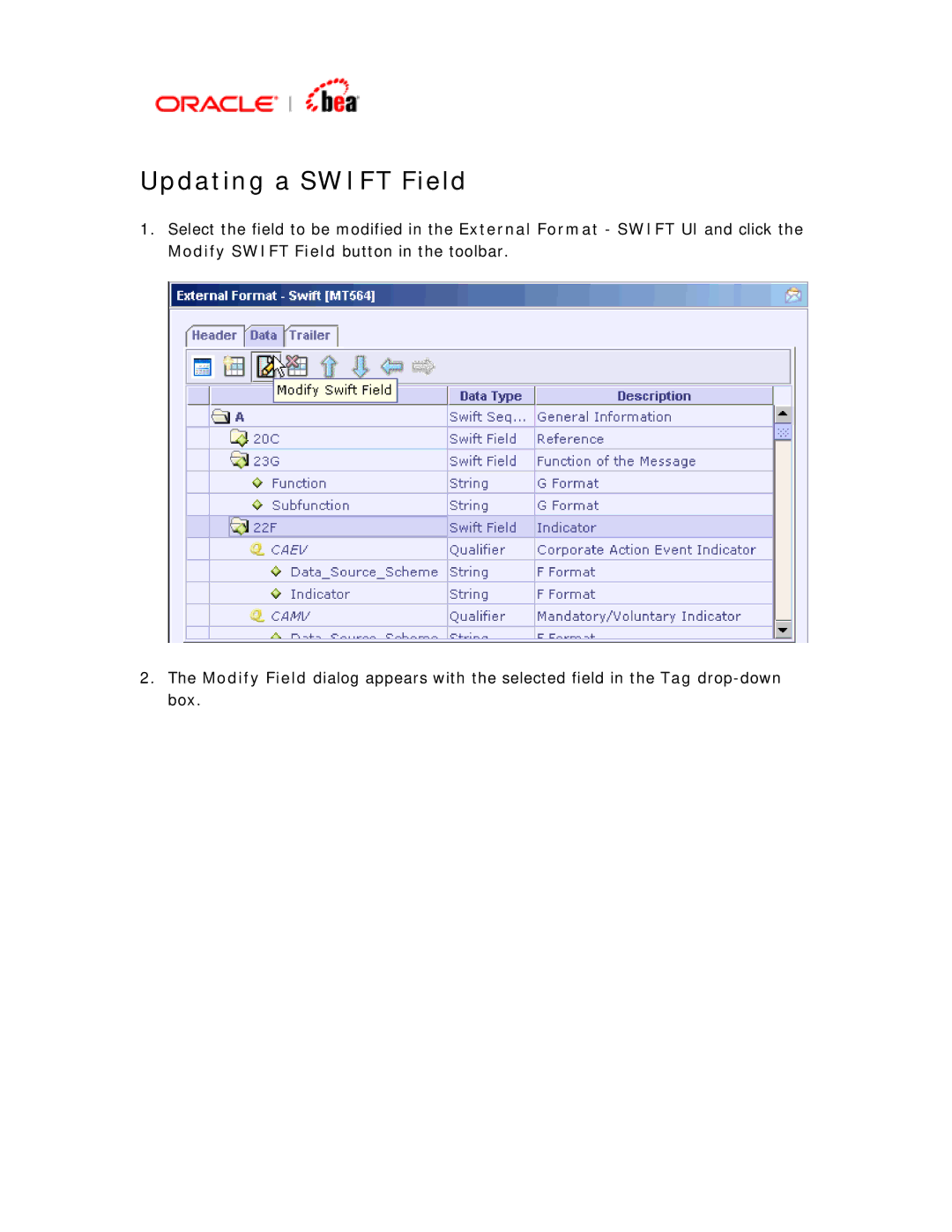 BEA SWIFT Adapter manual Updating a Swift Field 