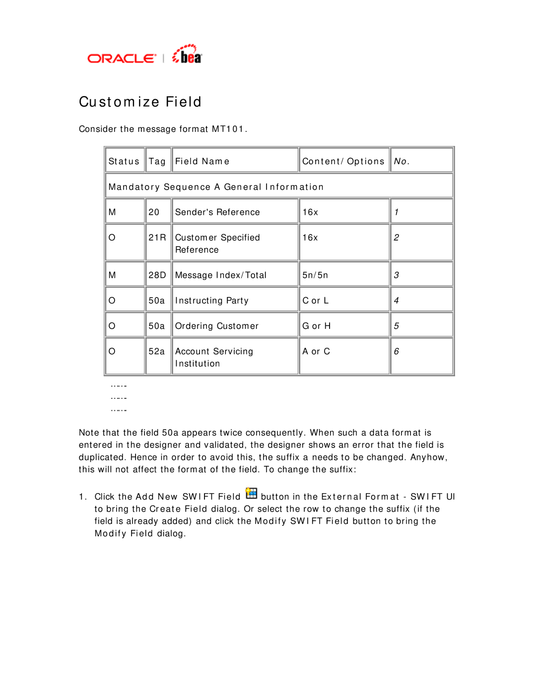 BEA SWIFT Adapter manual Customize Field 