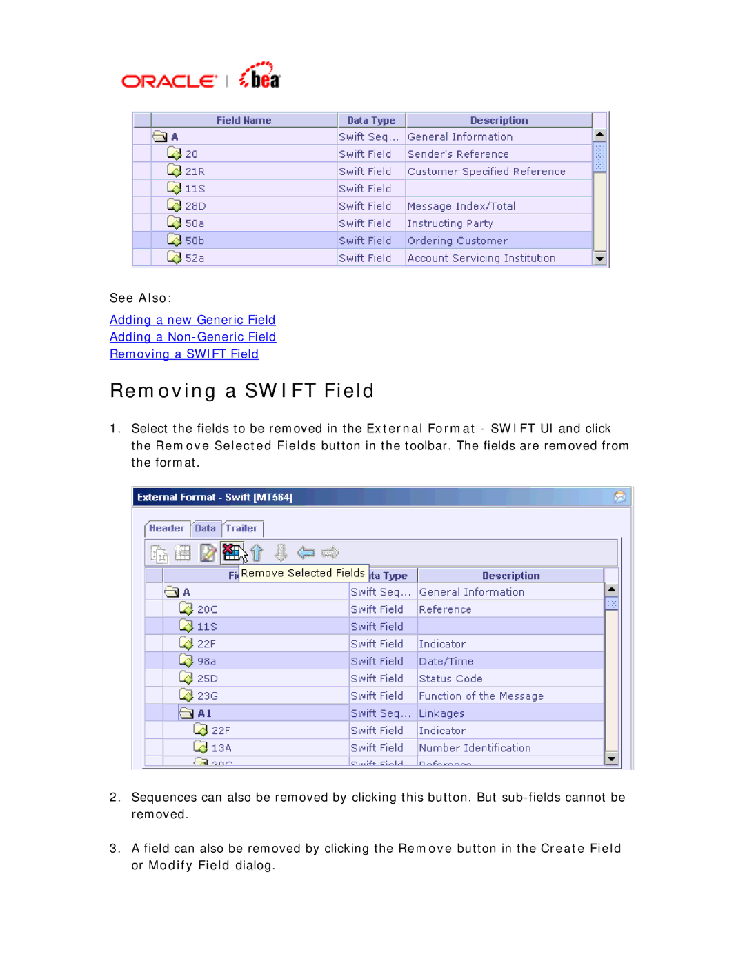 BEA SWIFT Adapter manual Removing a Swift Field 