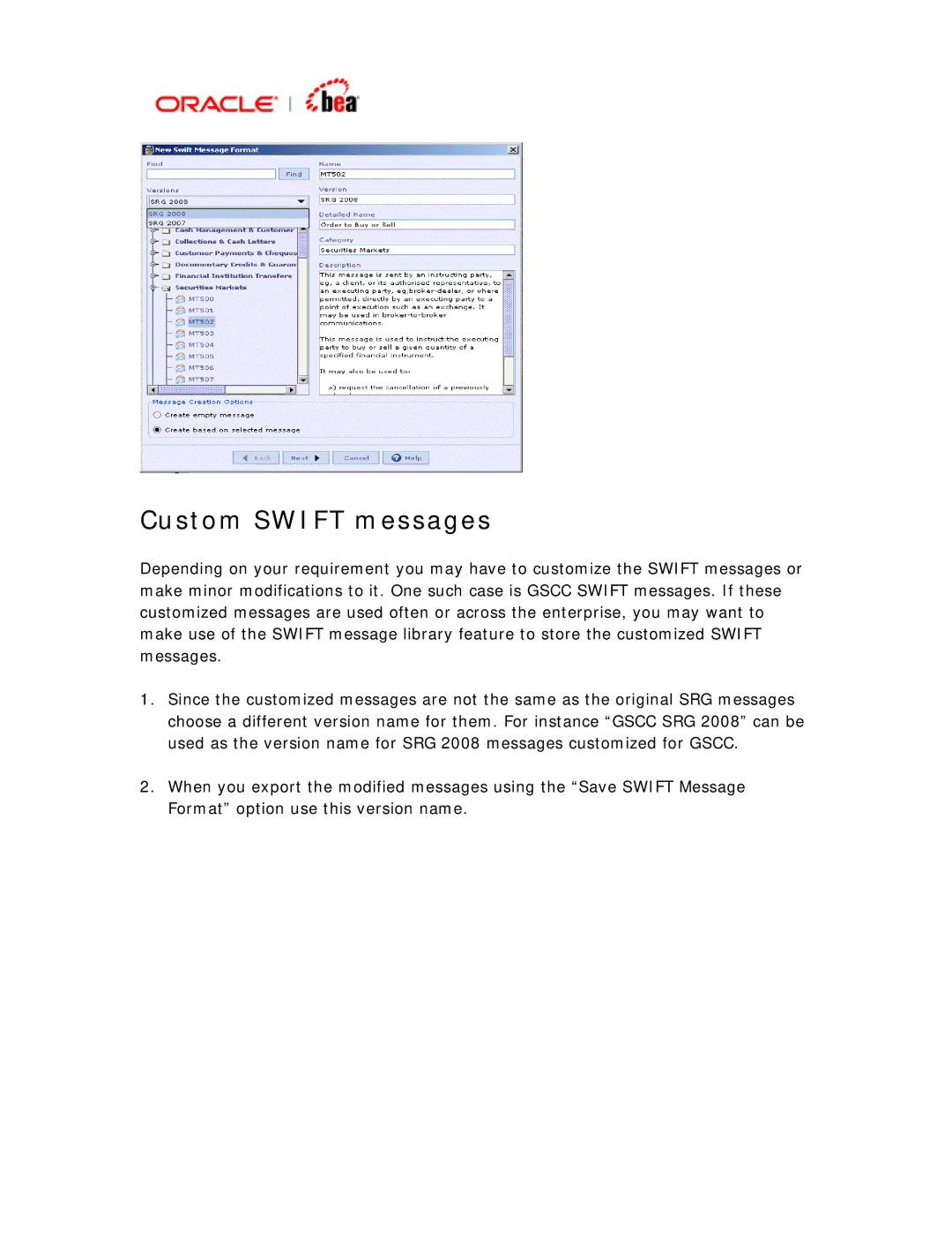 BEA SWIFT Adapter manual Custom Swift messages 