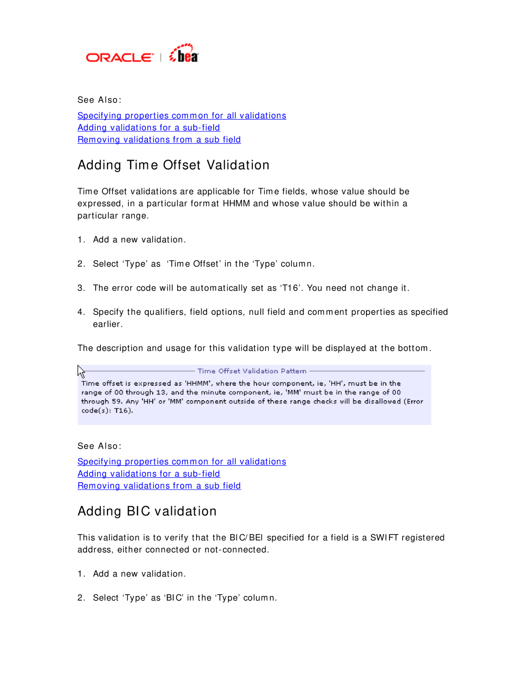 BEA SWIFT Adapter manual Adding Time Offset Validation, Adding BIC validation 