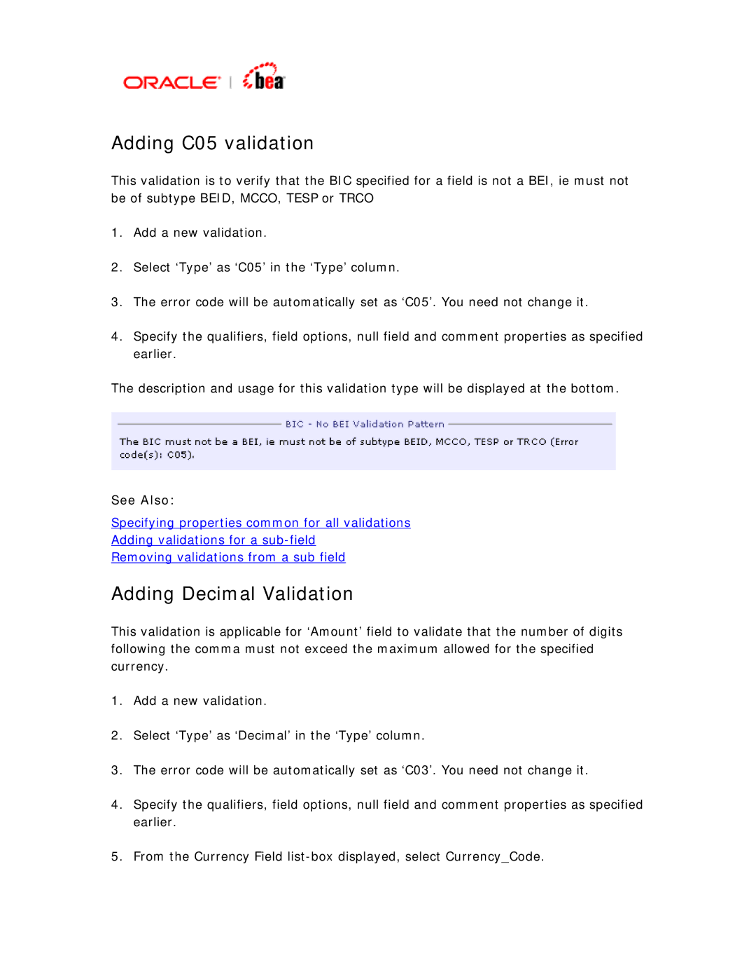 BEA SWIFT Adapter manual Adding C05 validation, Adding Decimal Validation 