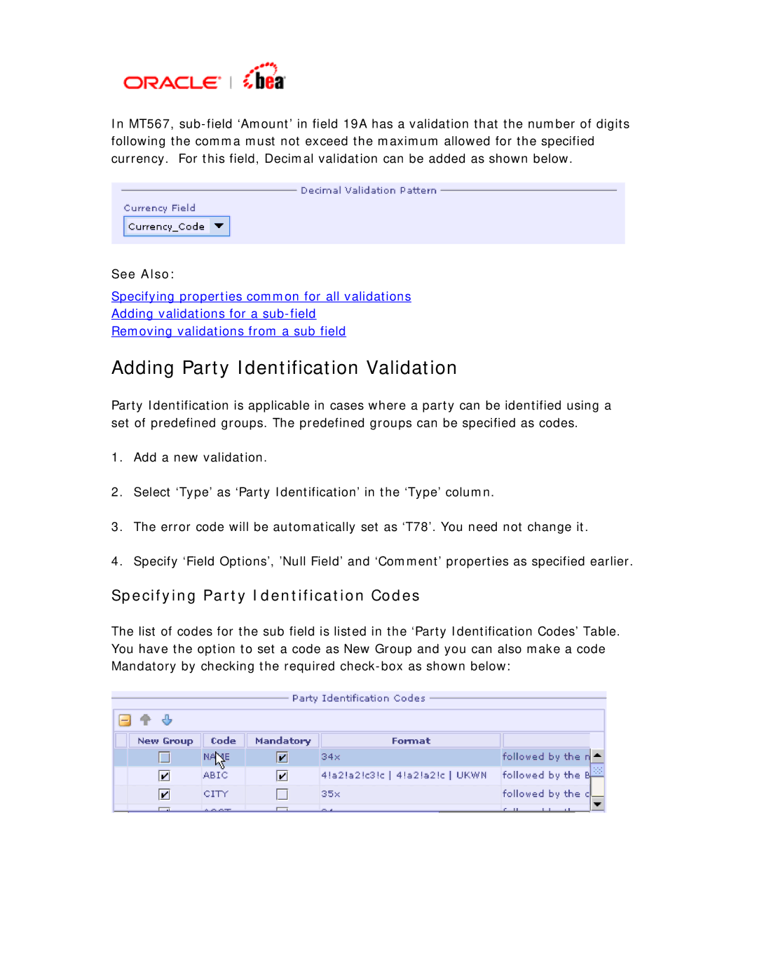 BEA SWIFT Adapter manual Adding Party Identification Validation, Specifying Party Identification Codes 