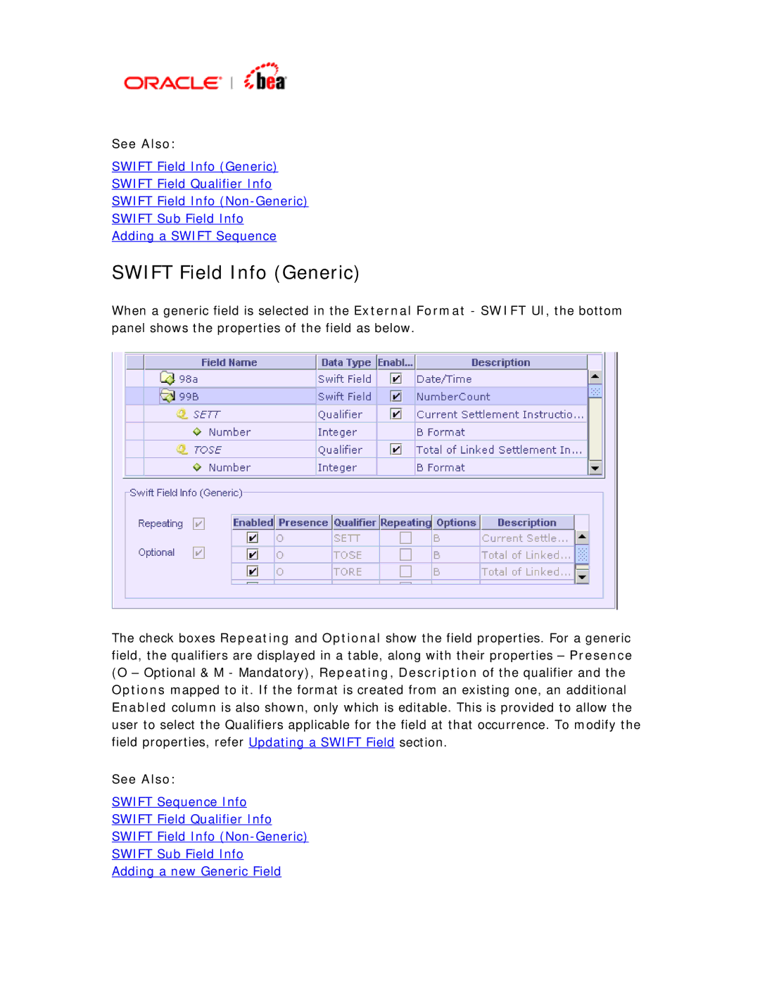 BEA SWIFT Adapter manual Swift Field Info Generic 