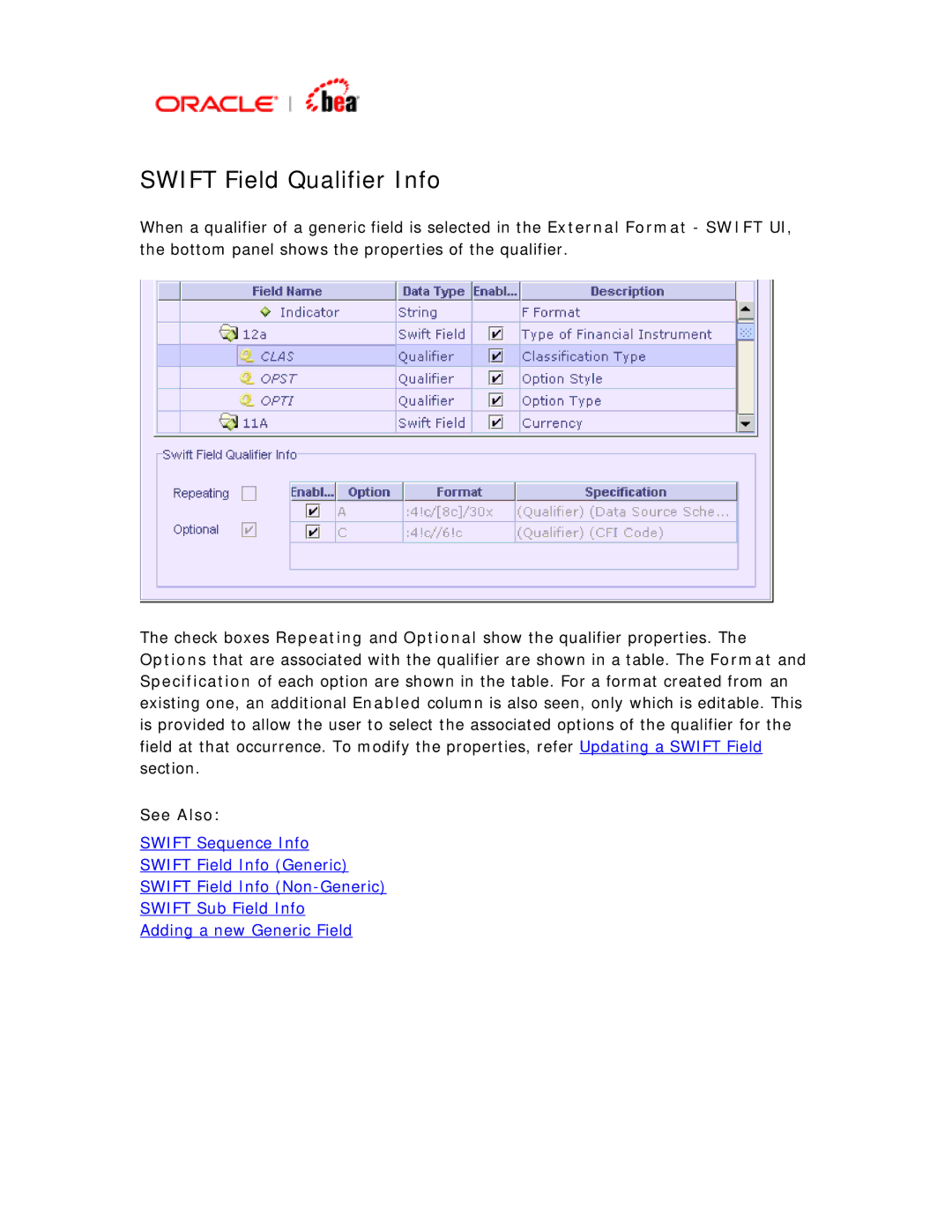 BEA SWIFT Adapter manual Swift Field Qualifier Info 