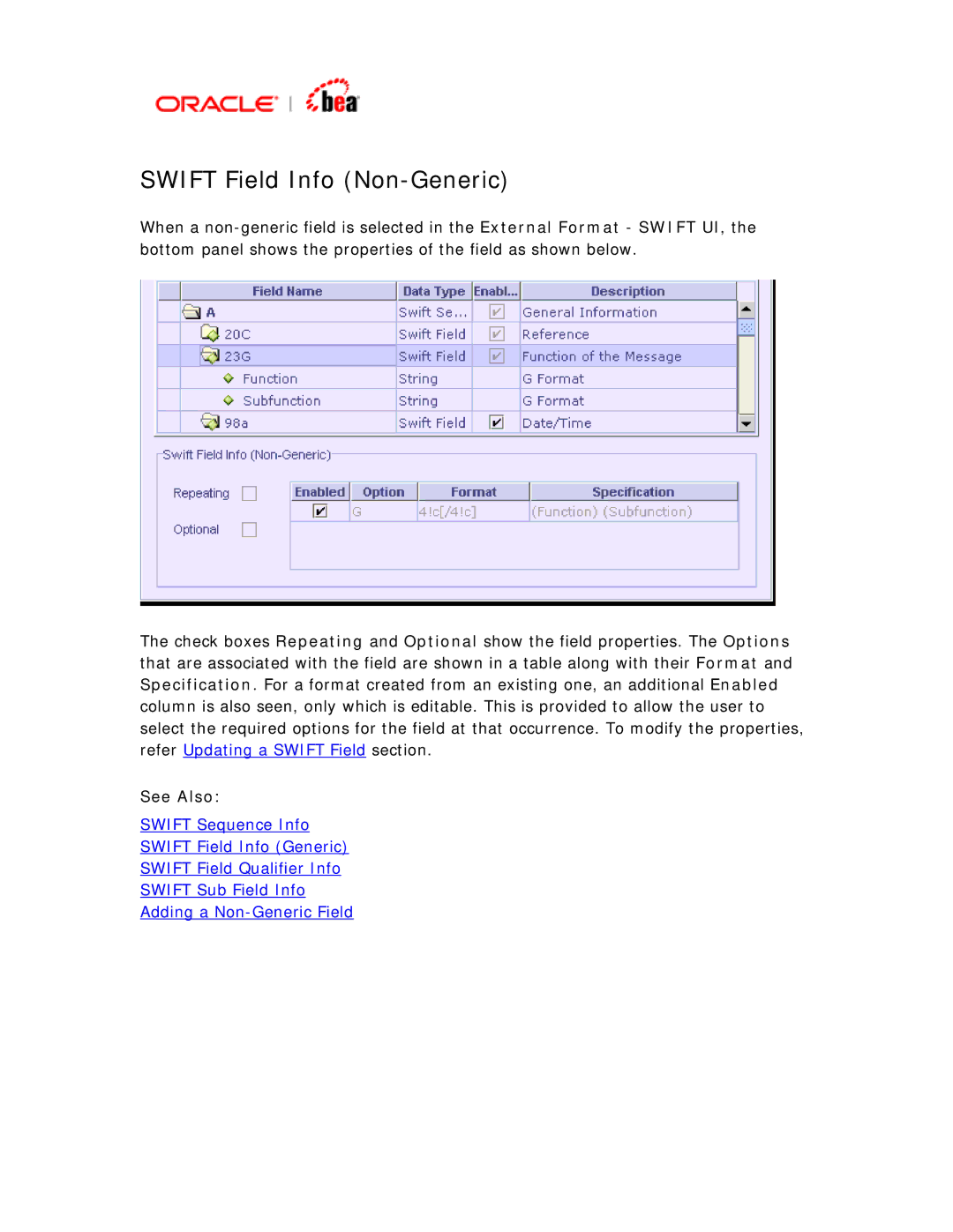 BEA SWIFT Adapter manual Swift Field Info Non-Generic 