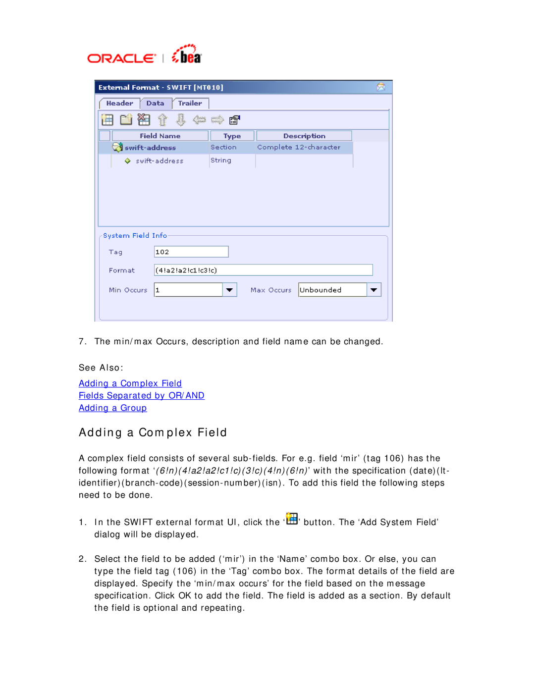 BEA SWIFT Adapter manual Adding a Complex Field 