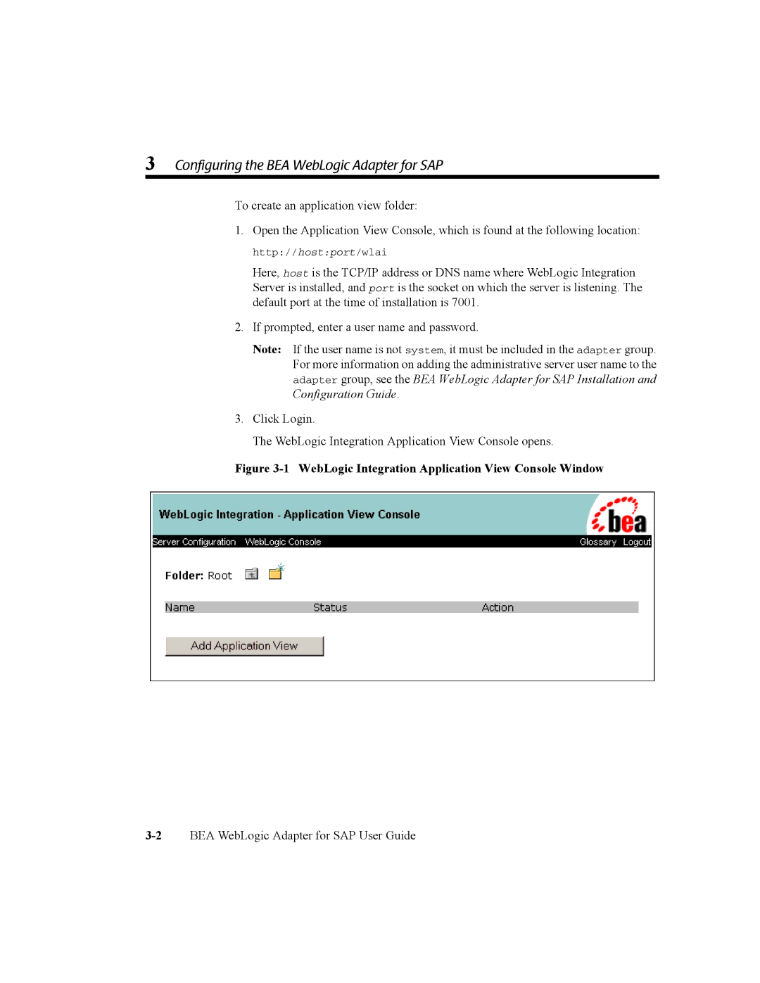 BEA manual Configuring the BEA WebLogic Adapter for SAP, WebLogic Integration Application View Console Window 