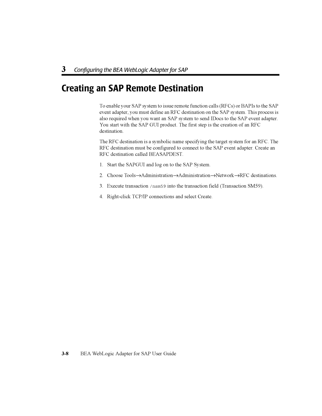 BEA WebLogic Adapter for SAP manual Creating an SAP Remote Destination 