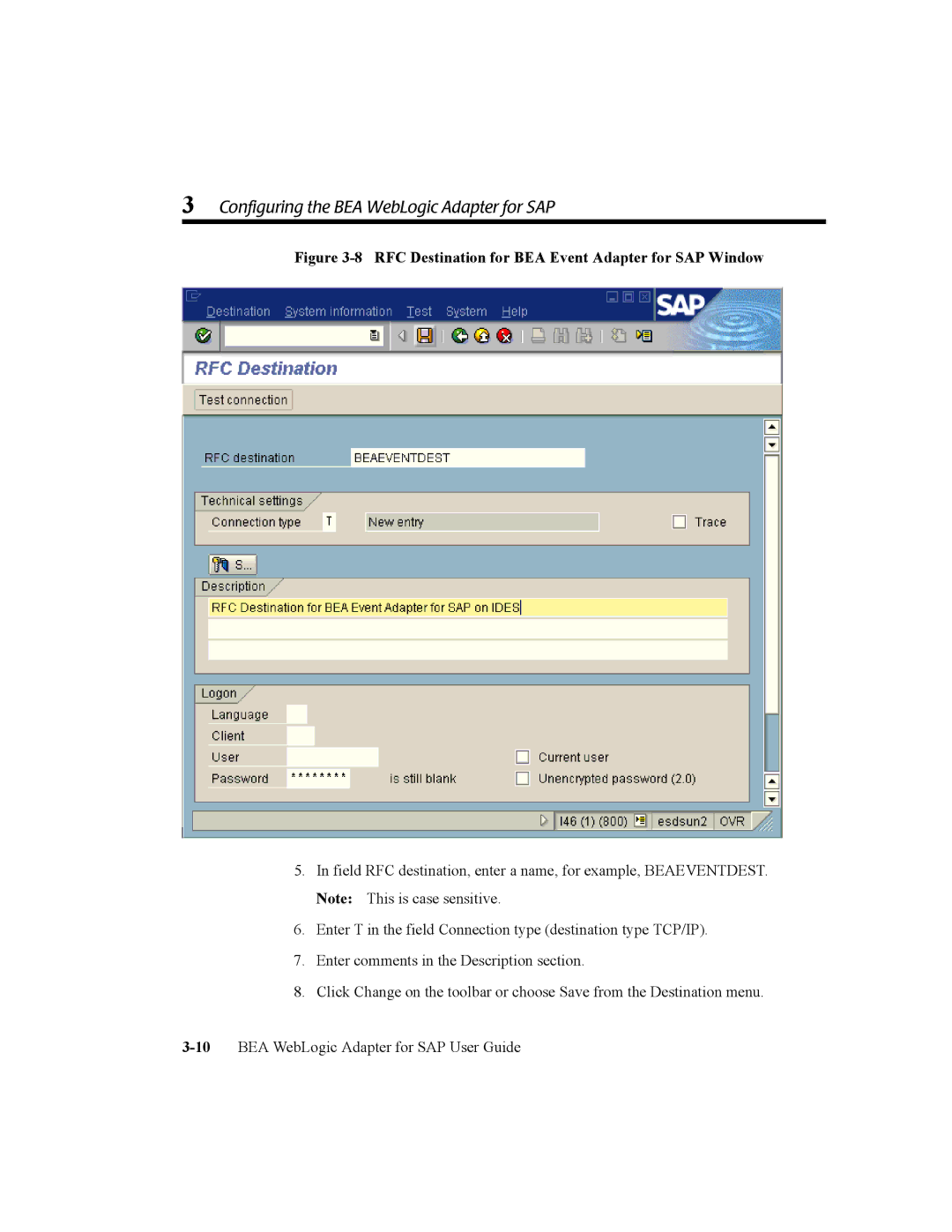 BEA WebLogic Adapter for SAP manual RFC Destination for BEA Event Adapter for SAP Window 