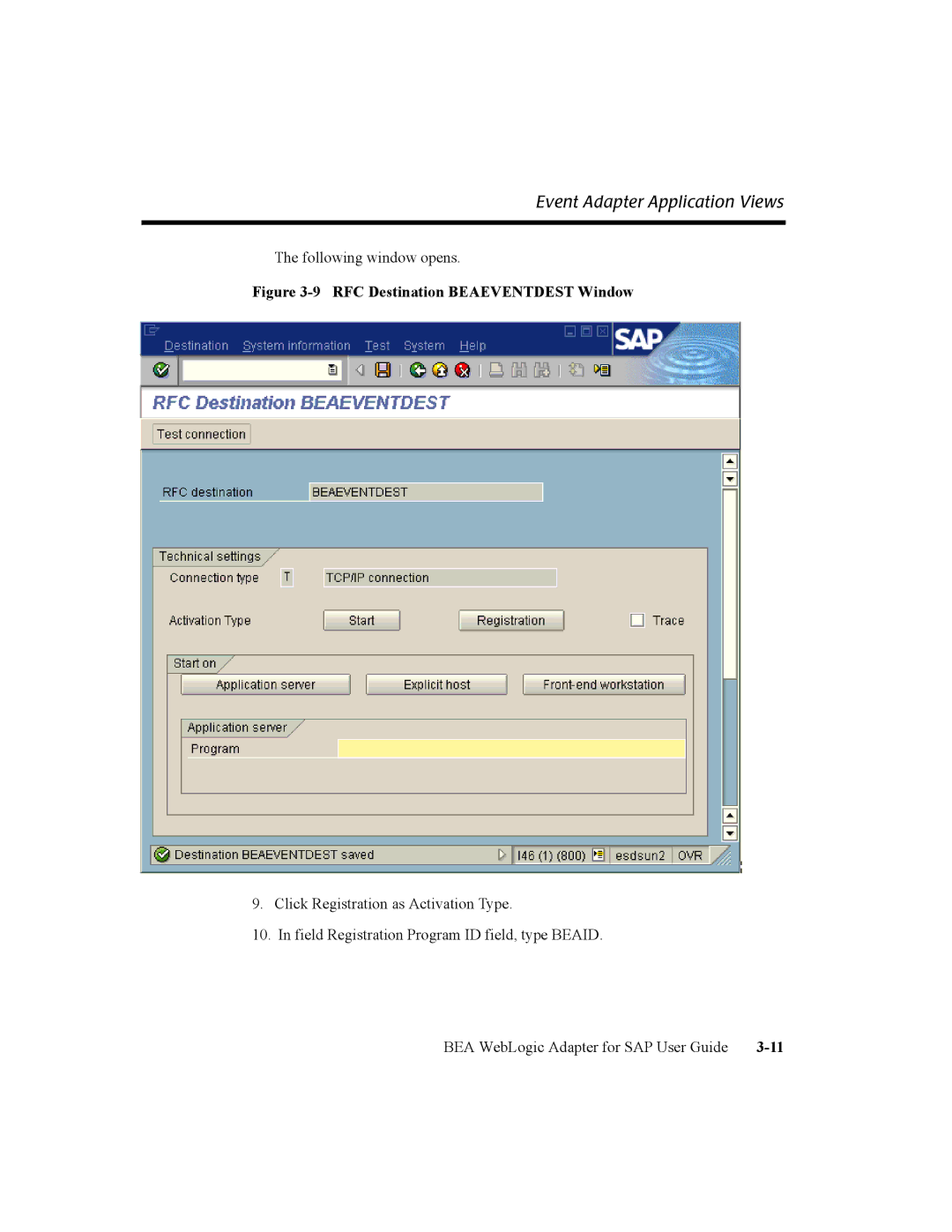 BEA WebLogic Adapter for SAP manual RFC Destination Beaeventdest Window 