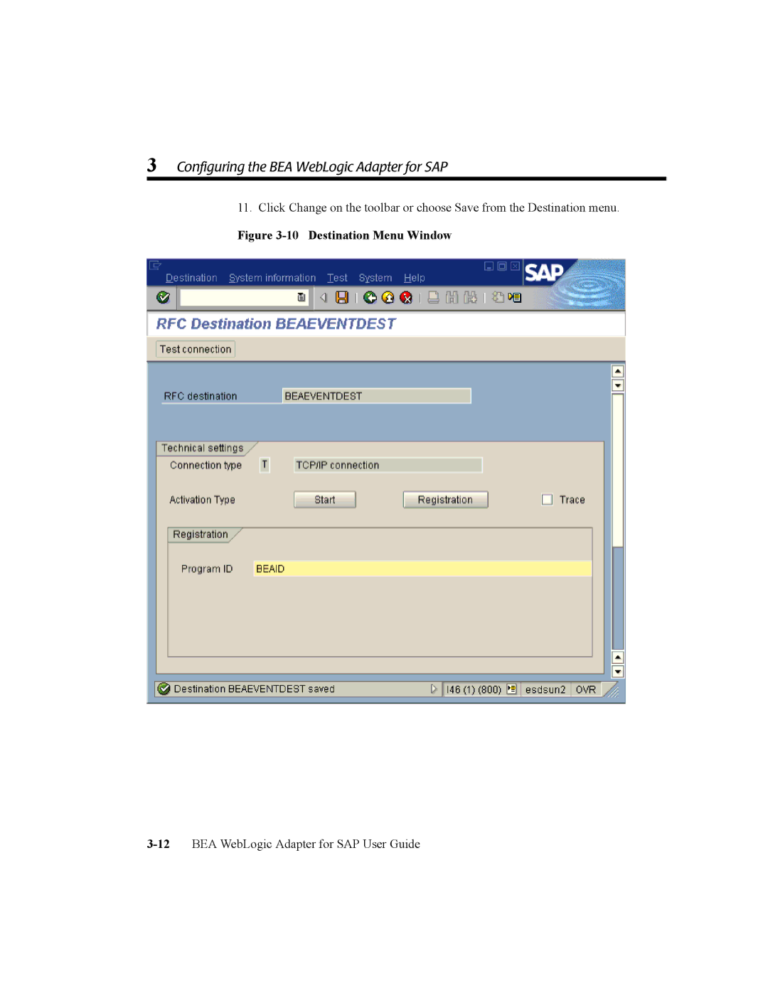 BEA WebLogic Adapter for SAP manual Destination Menu Window 