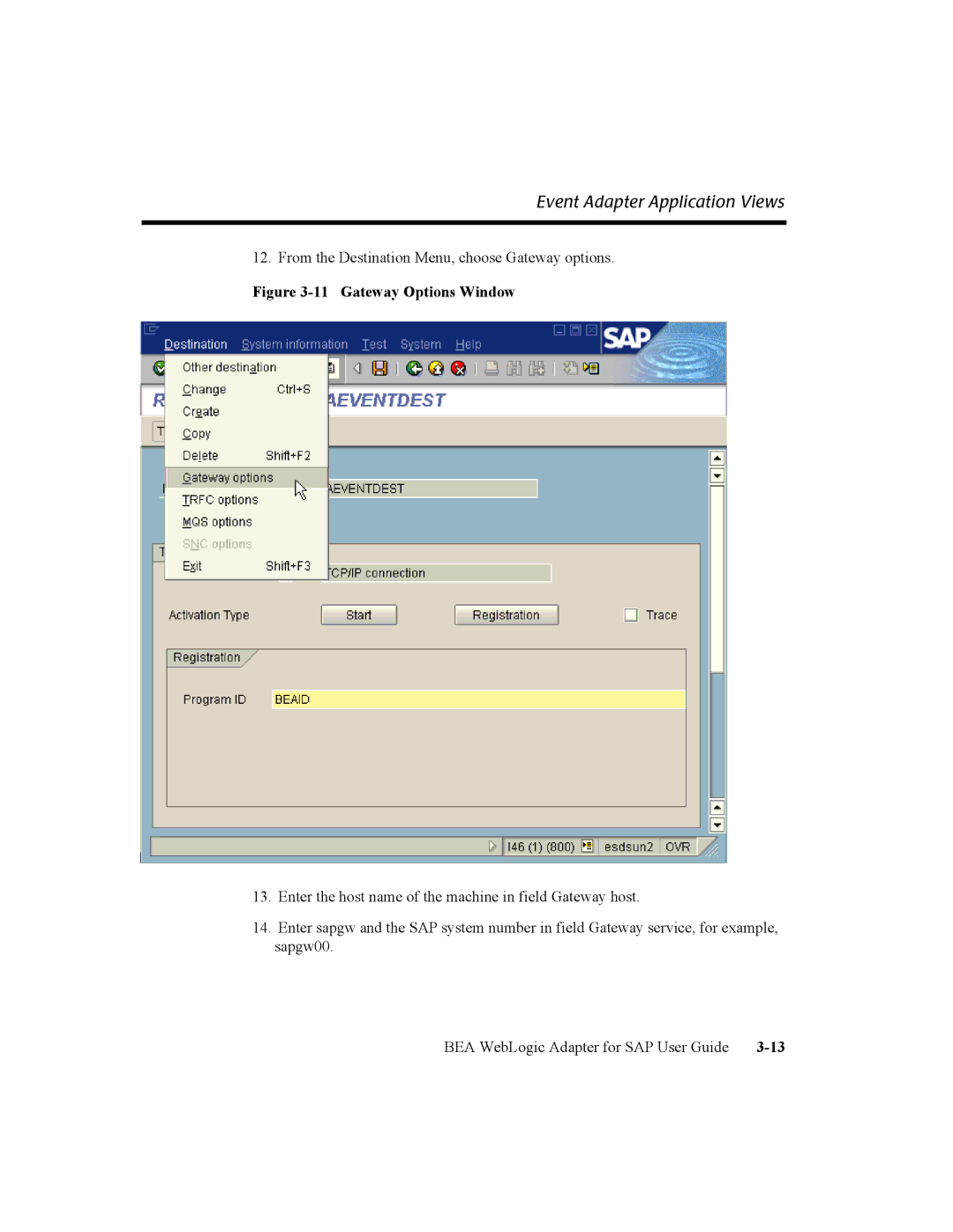 BEA WebLogic Adapter for SAP manual Gateway Options Window 