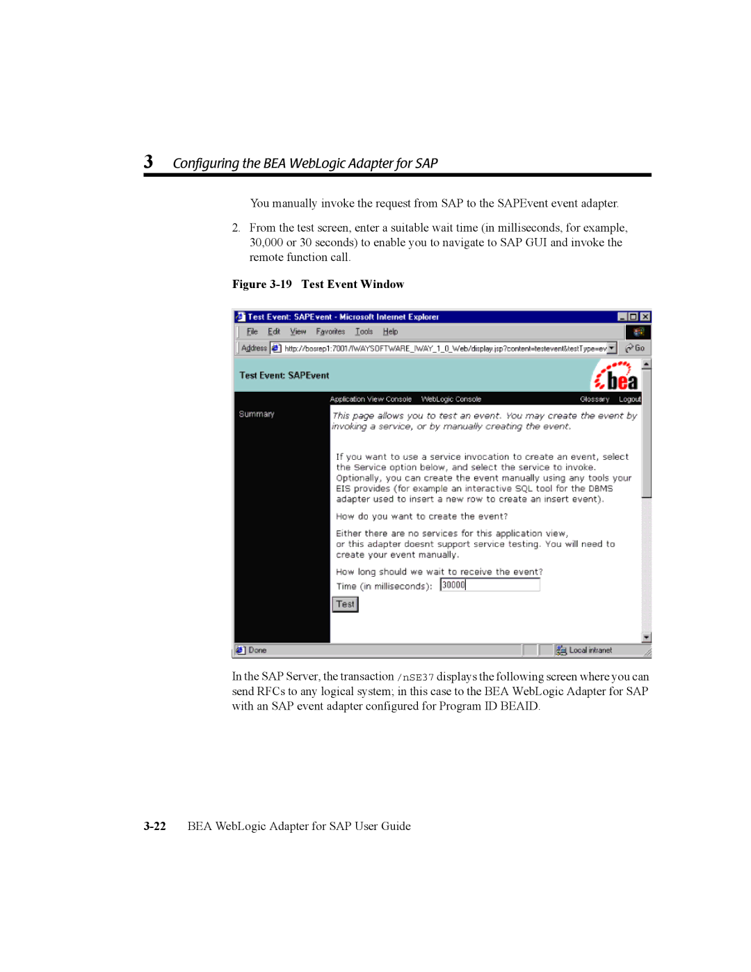 BEA WebLogic Adapter for SAP manual Test Event Window 