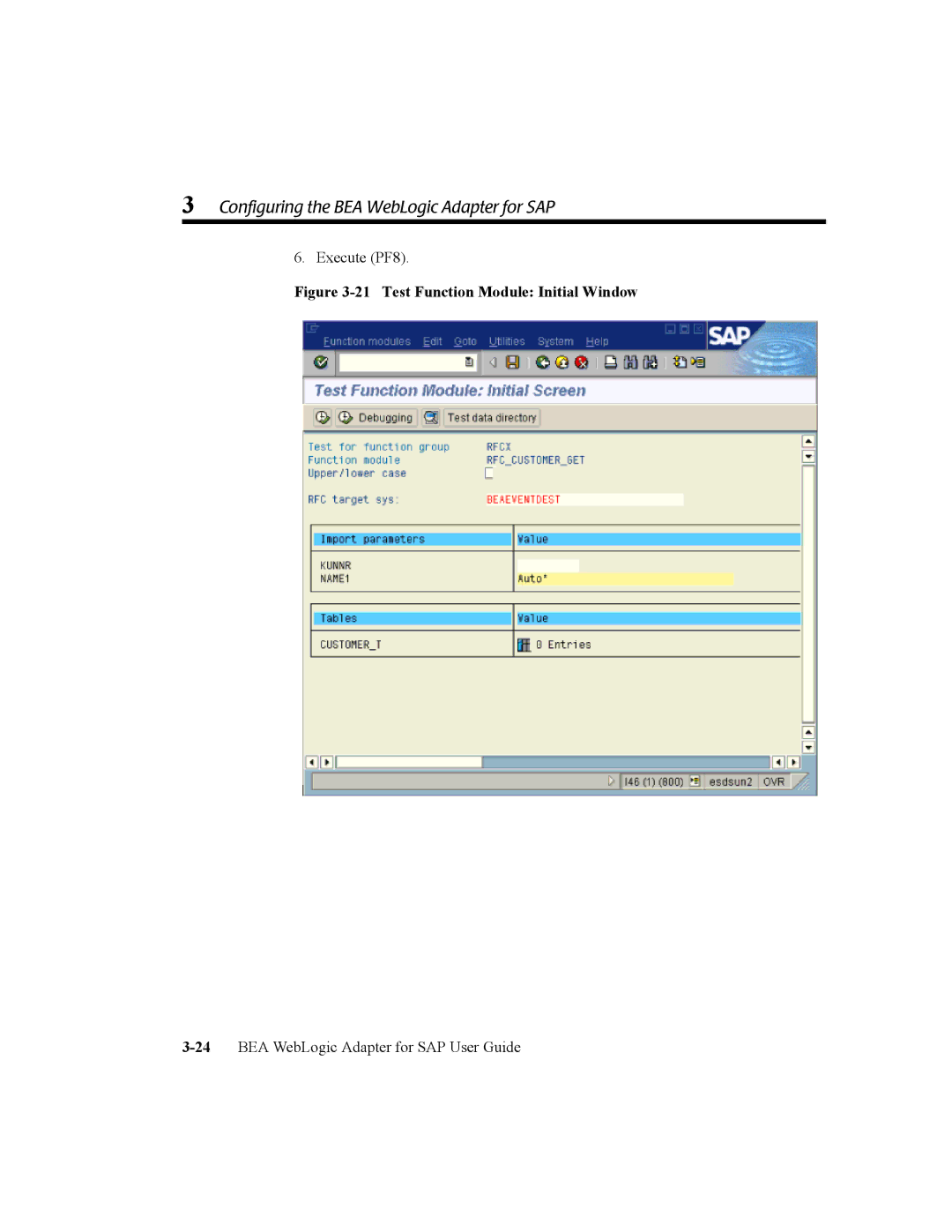 BEA WebLogic Adapter for SAP manual Test Function Module Initial Window 