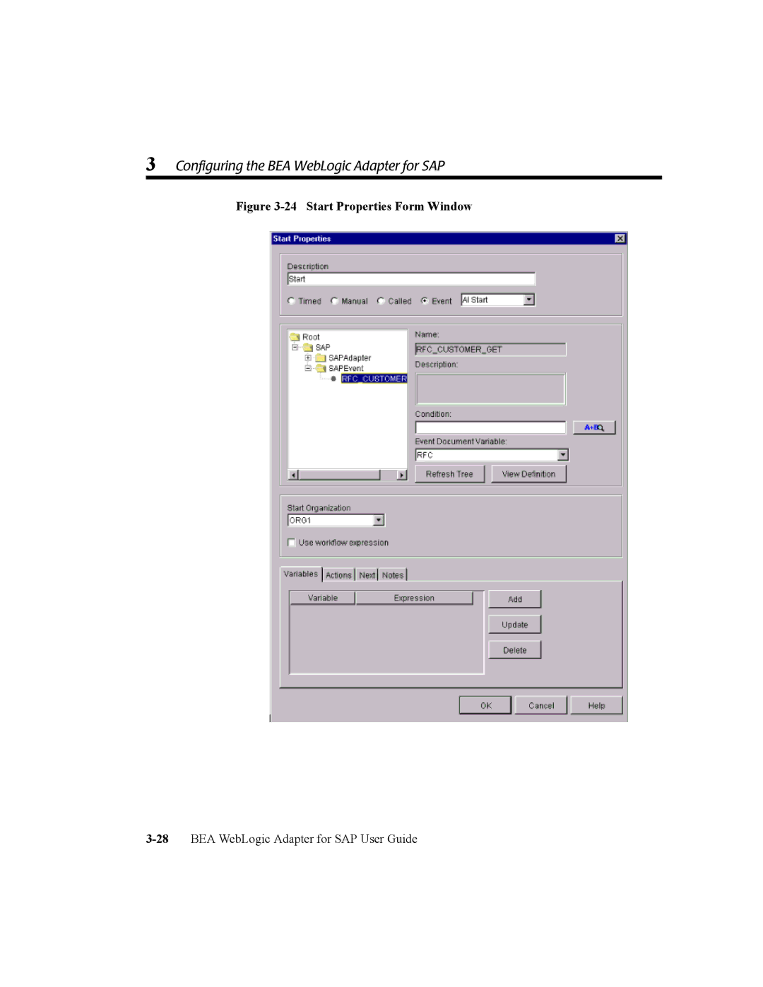 BEA WebLogic Adapter for SAP manual Start Properties Form Window 