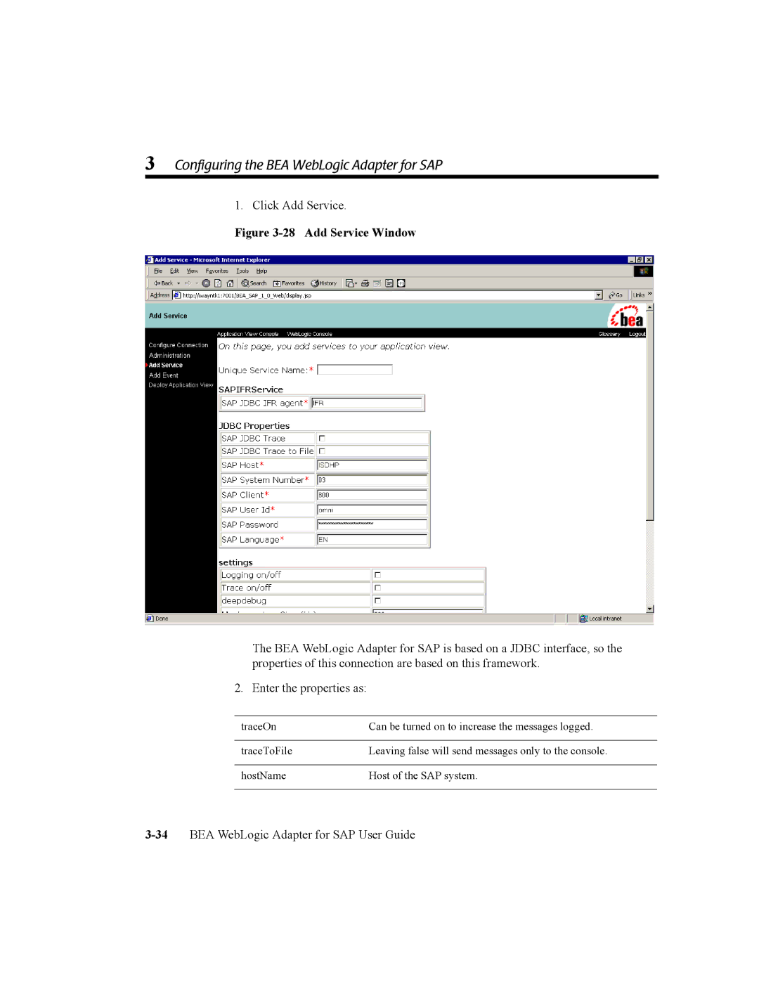 BEA WebLogic Adapter for SAP manual Add Service Window 