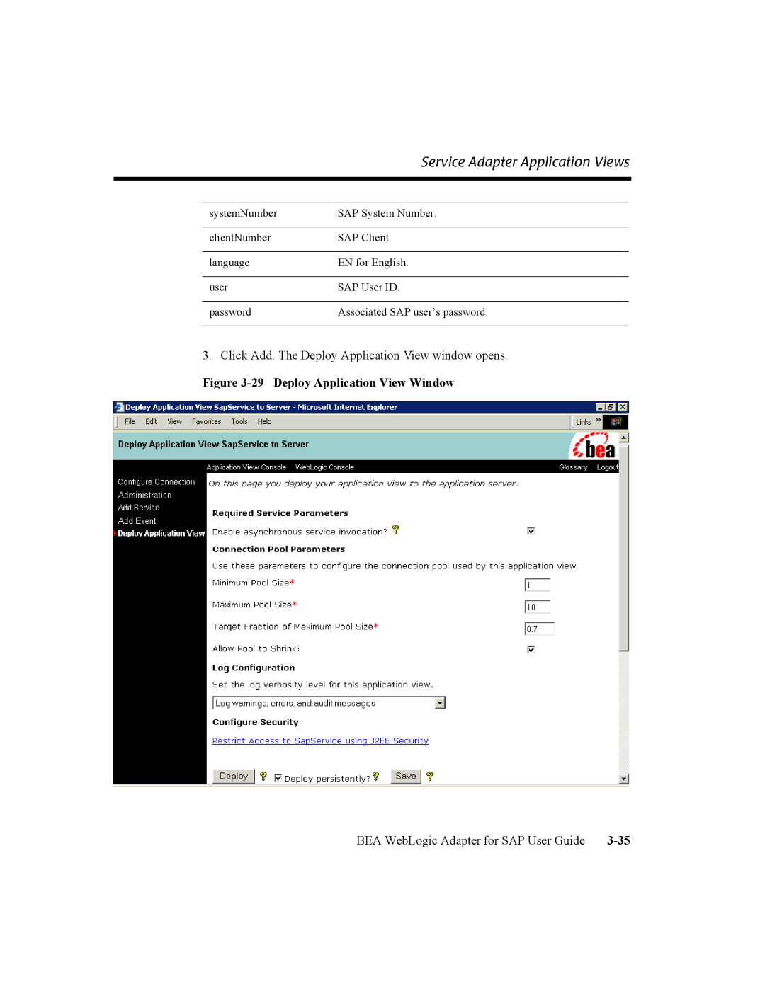 BEA WebLogic Adapter for SAP manual Deploy Application View Window 