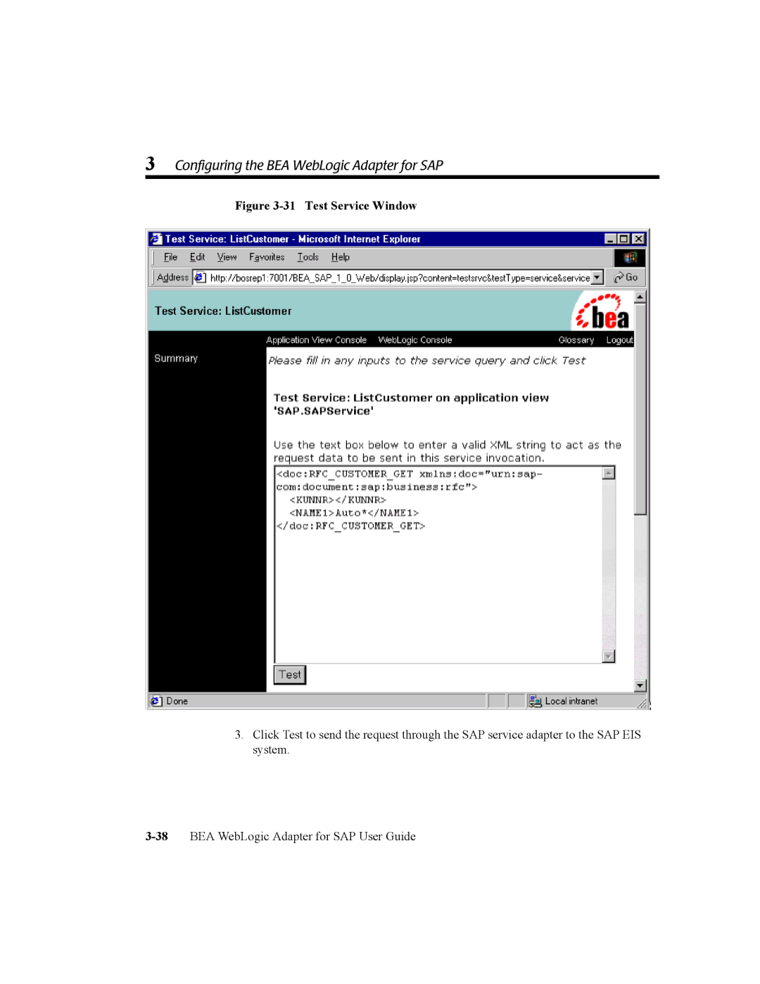 BEA WebLogic Adapter for SAP manual Test Service Window 