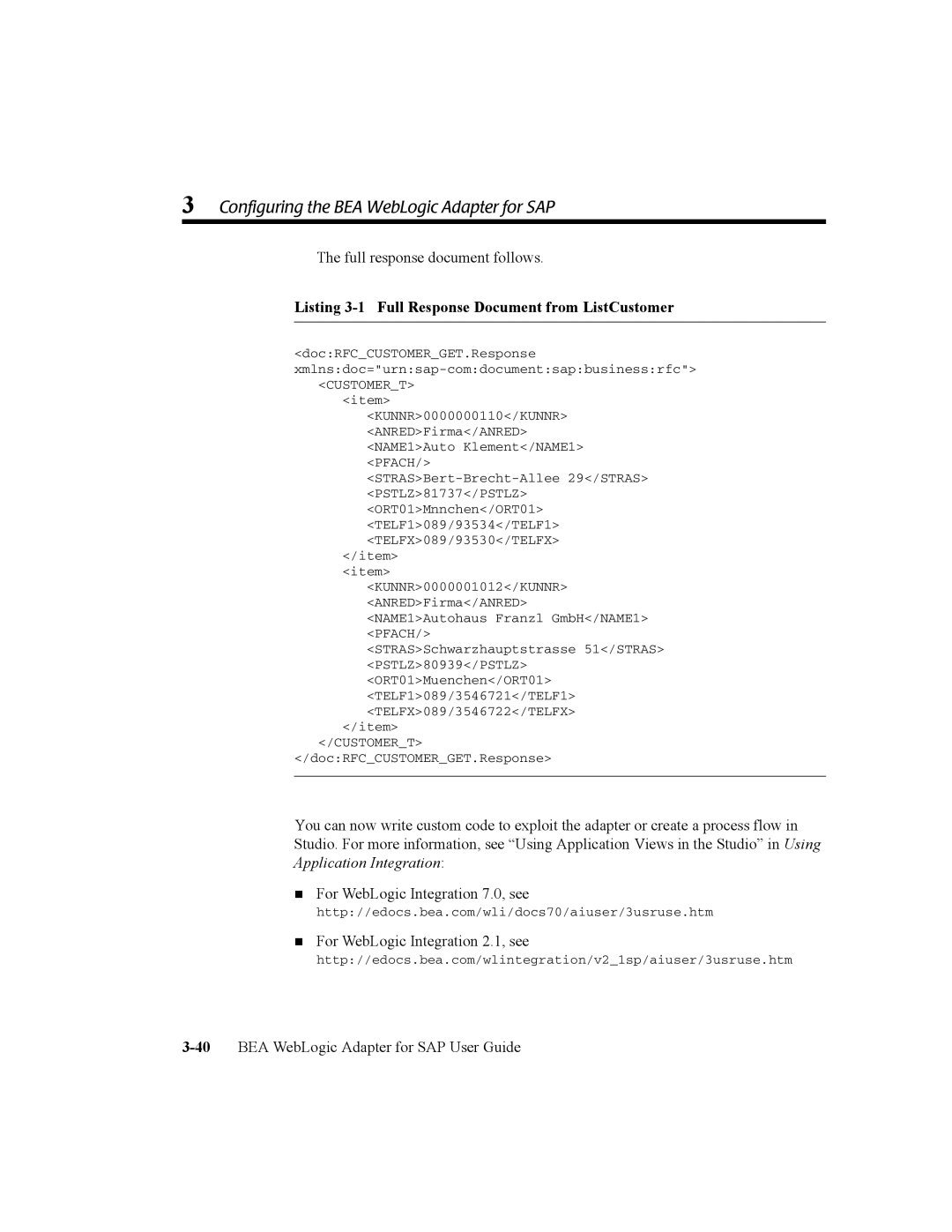 BEA WebLogic Adapter for SAP manual Listing 3-1 Full Response Document from ListCustomer 