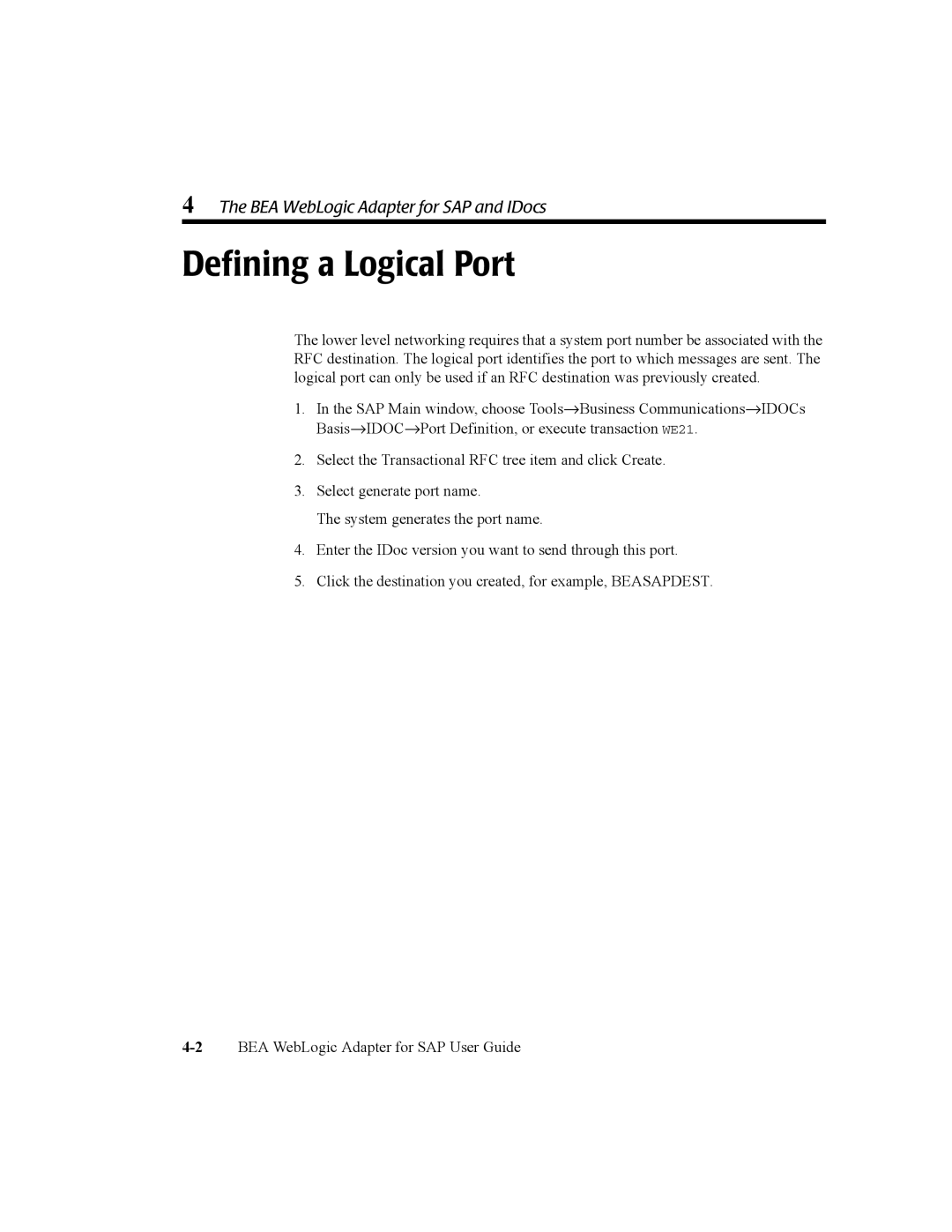 BEA manual Defining a Logical Port, BEA WebLogic Adapter for SAP and IDocs 