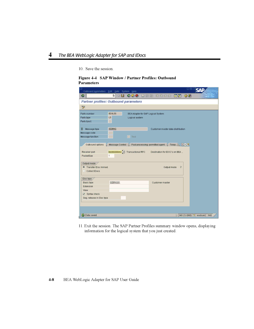 BEA WebLogic Adapter for SAP manual SAP Window / Partner Profiles Outbound Parameters 