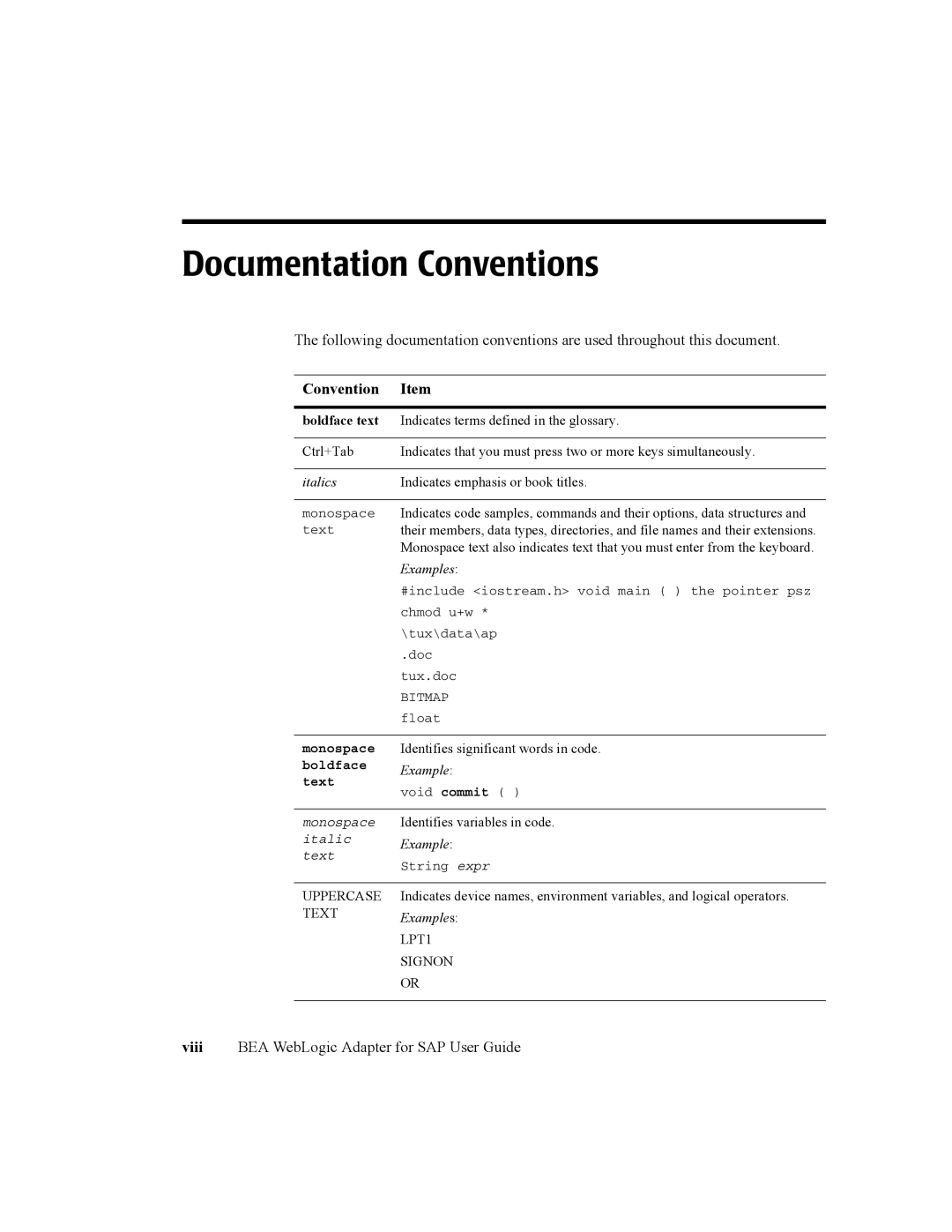 BEA WebLogic Adapter for SAP manual Documentation Conventions 