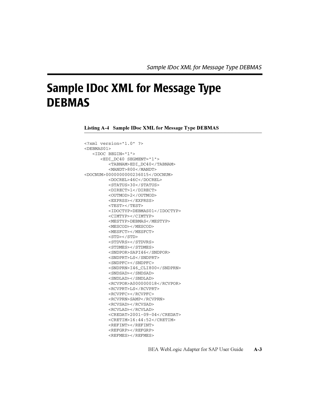 BEA WebLogic Adapter for SAP manual Sample IDoc XML for Message Type Debmas 