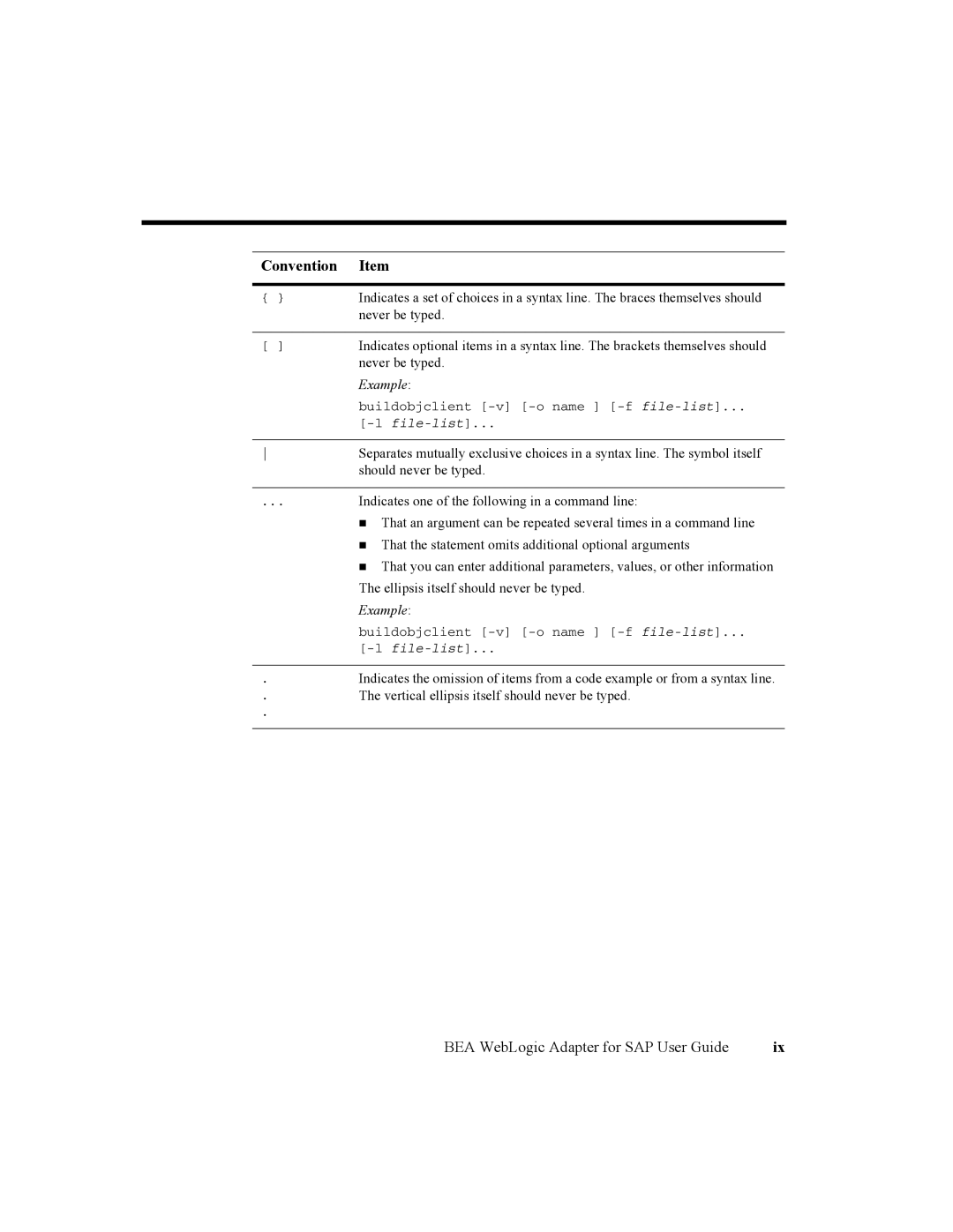 BEA WebLogic Adapter for SAP manual Convention Item 