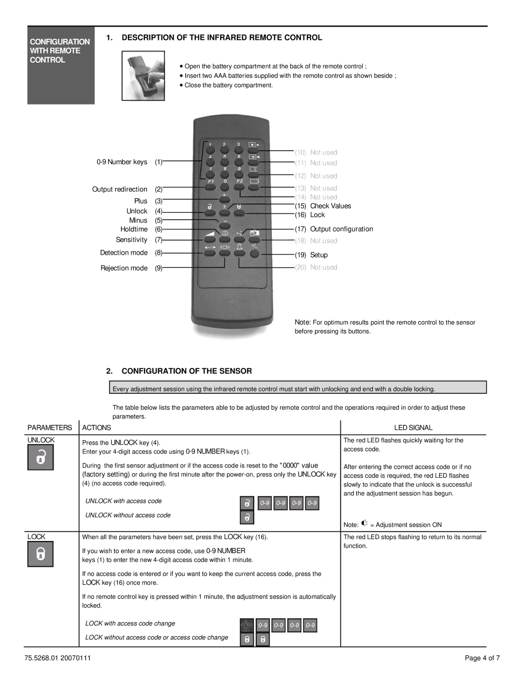 BEA XL-DR Configuration with Remote Control, Description of the Infrared Remote Control, Configuration of the Sensor, Lock 