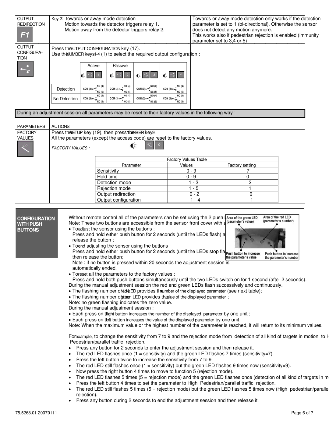 BEA XL-DR dimensions Tion, Parameters Actions Factory, Configuration with Push Buttons 