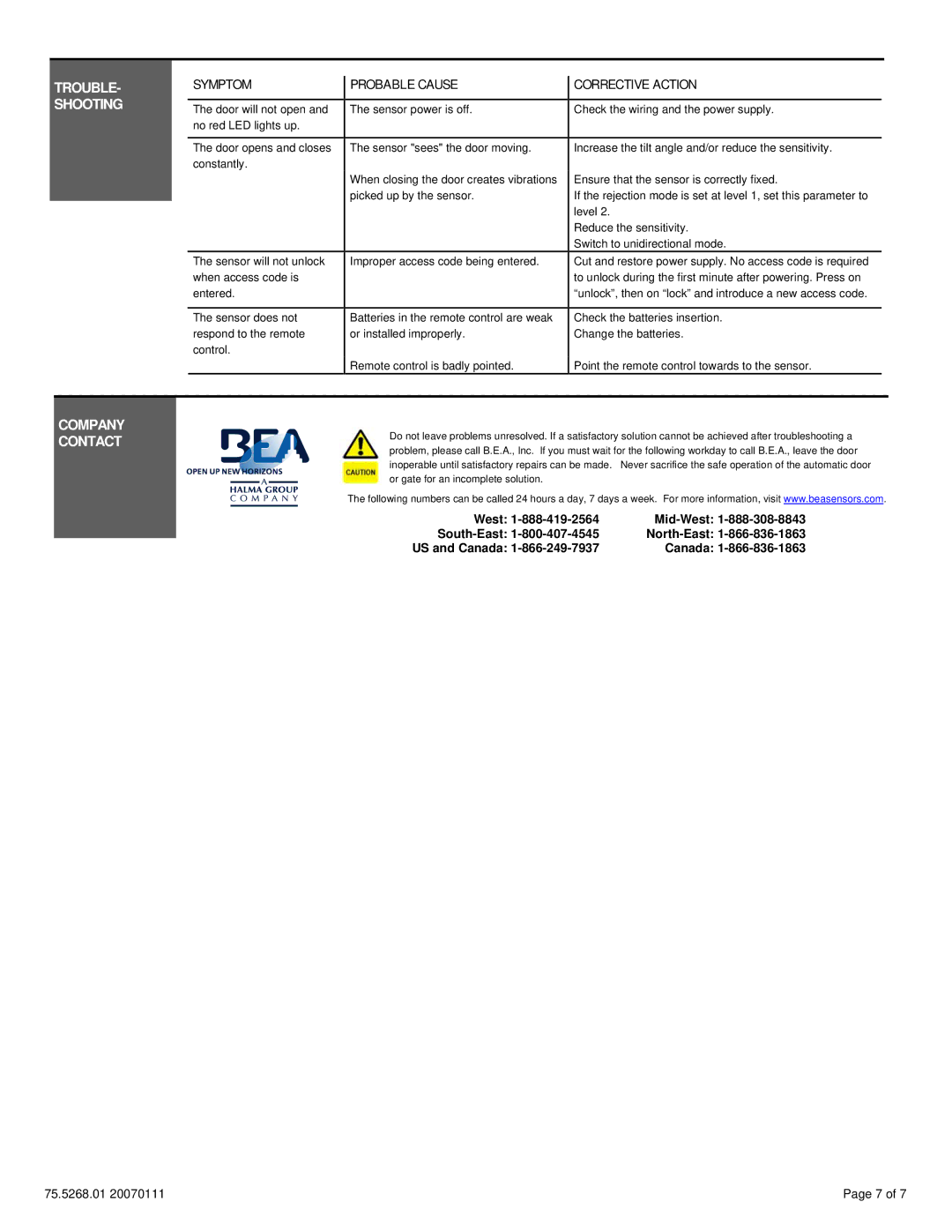 BEA XL-DR dimensions TROUBLE- Shooting, Symptom Probable Cause, Corrective Action, Company Contact 