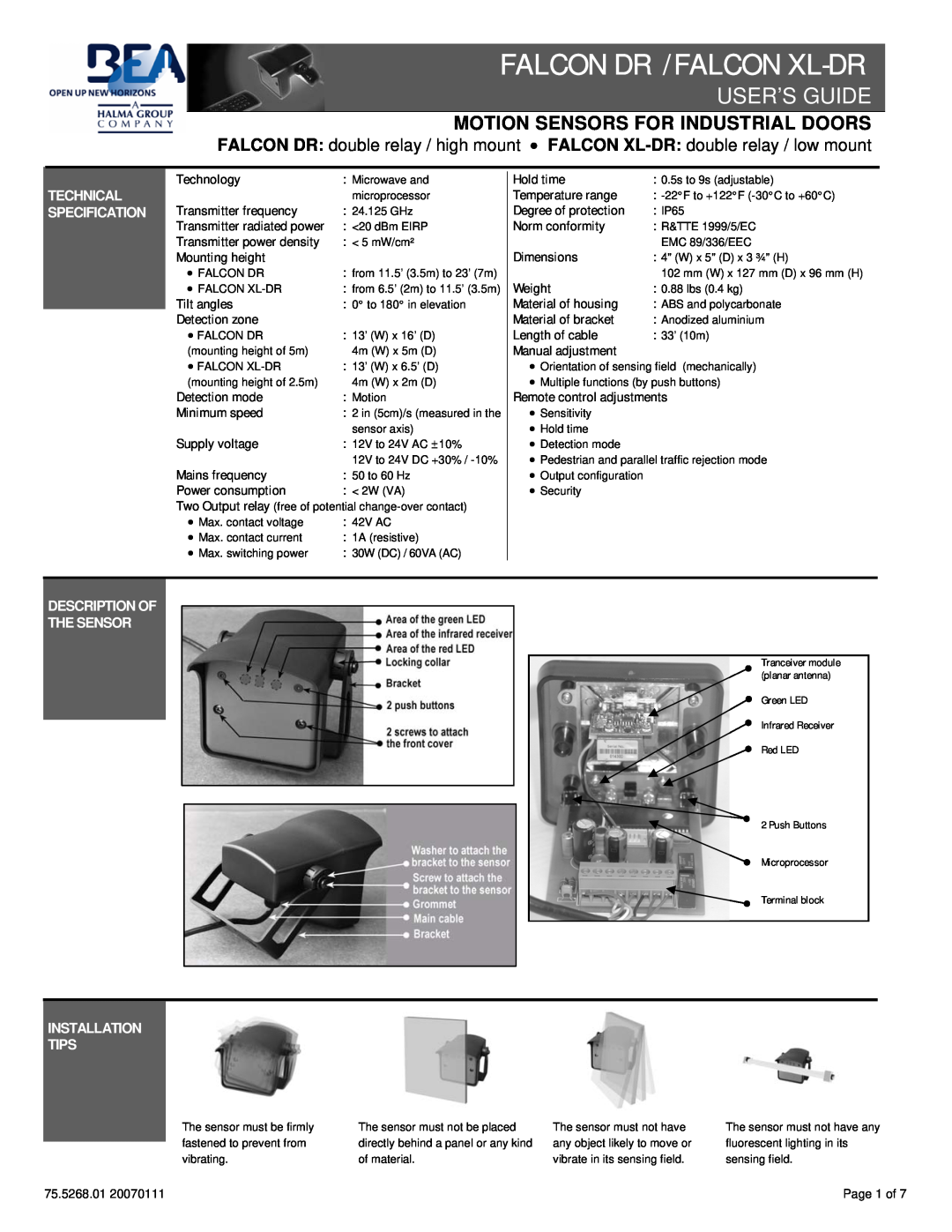 BEA XL-DR dimensions Technical Specification, Description Of The Sensor, Installation Tips, Falcondr /Falconxl-Dr 