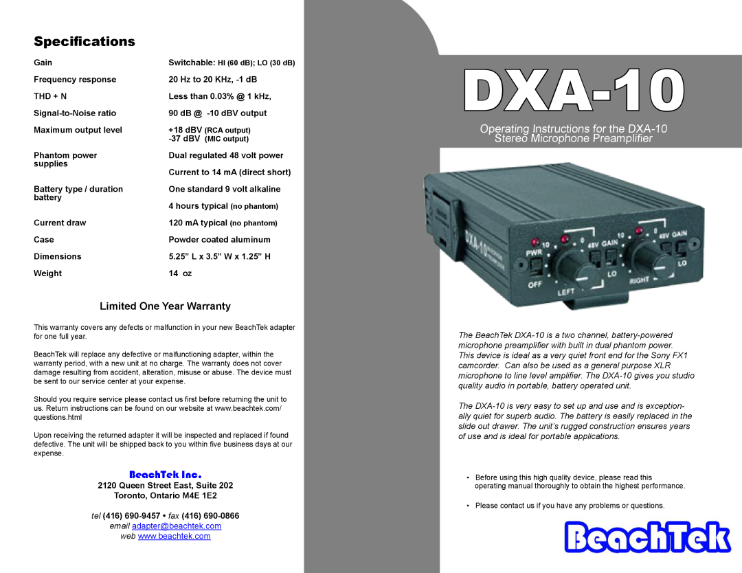 BeachTek specifications Speciﬁcations, BeachTek Inc, Operating Instructions for the DXA-10, Limited One Year Warranty 