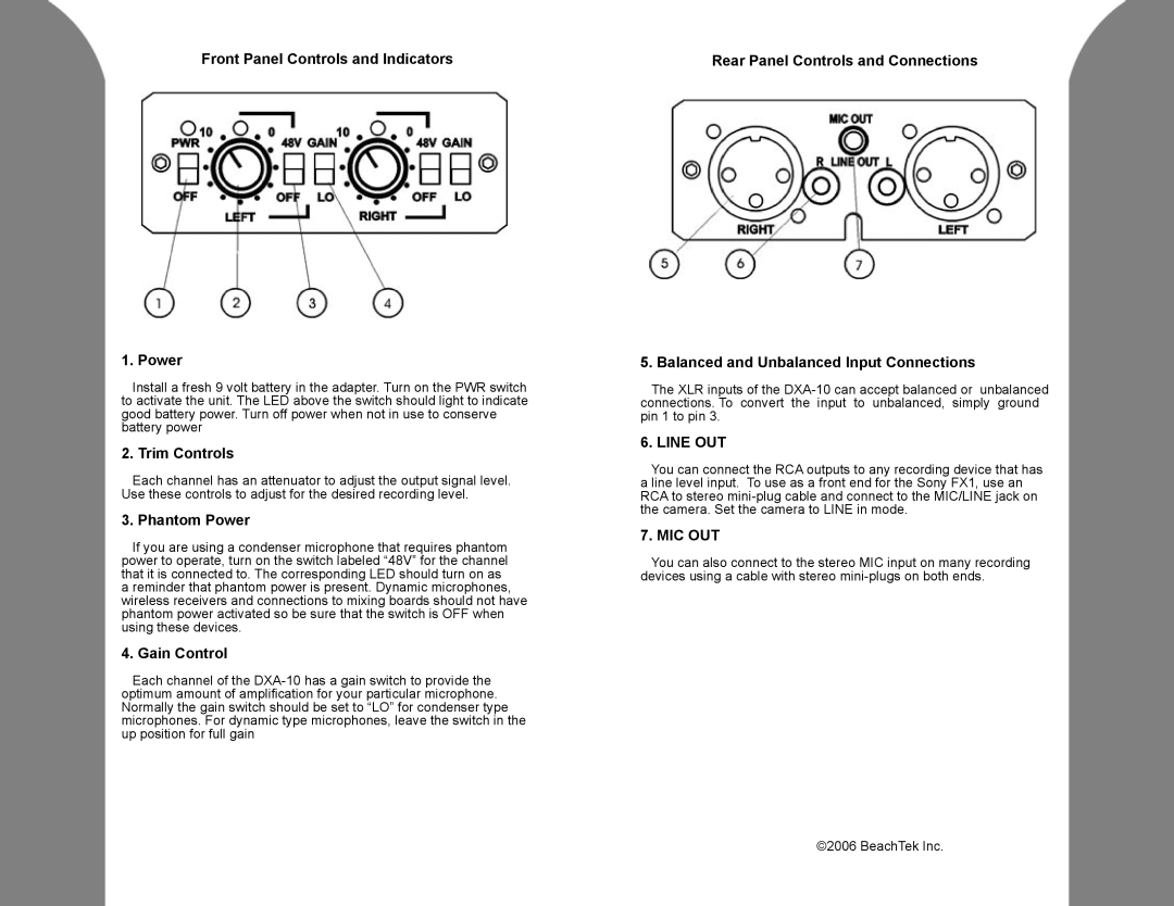 BeachTek DXA-10 Front Panel Controls and Indicators 1. Power, Trim Controls, Phantom Power, Gain Control, Line Out 