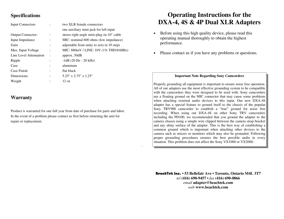 BeachTek DXA-4P specifications Operating Instructions for DXA-4, 4S & 4P Dual XLR Adapters, Specifications, Warranty 