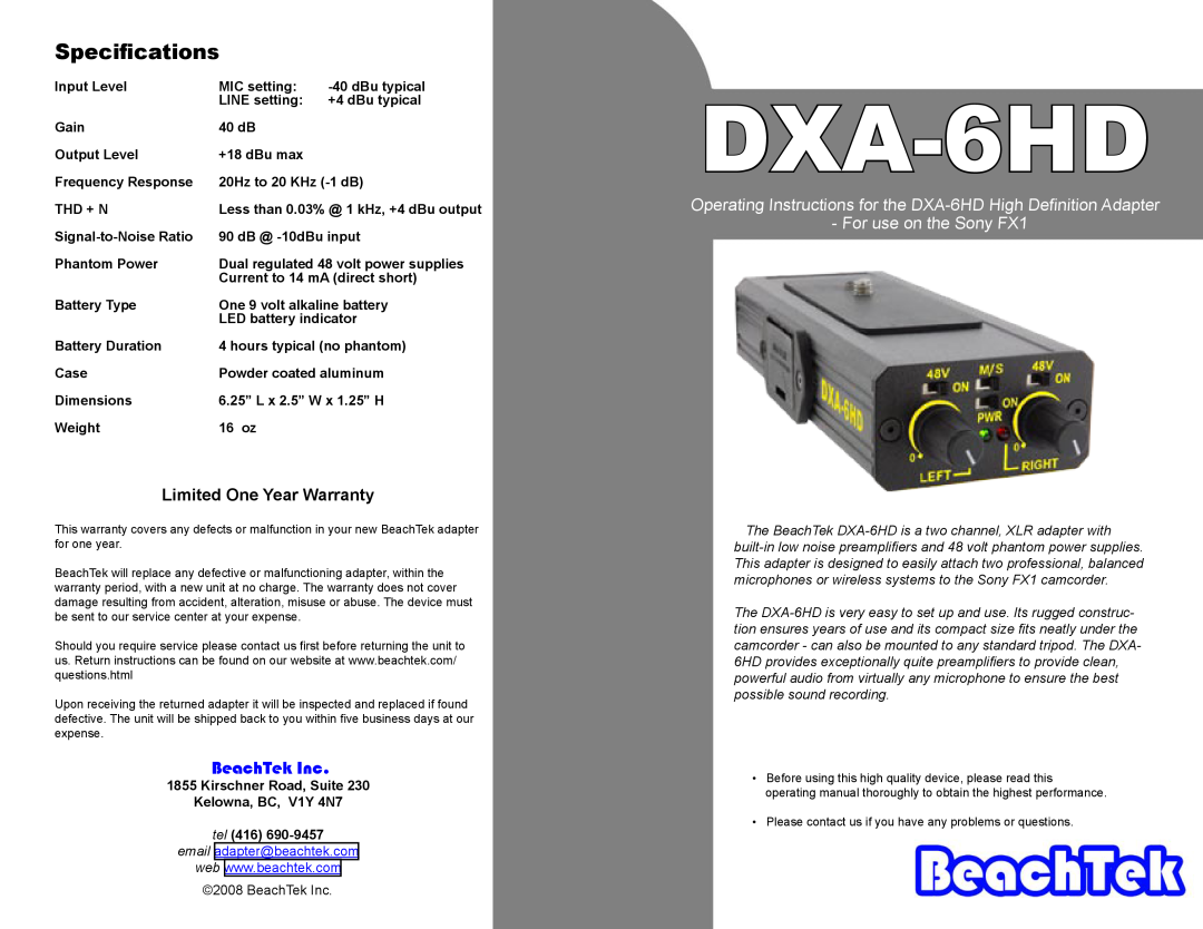 BeachTek DXA-6HD specifications Speciﬁcations, BeachTek Inc, Limited One Year Warranty, email adapter@beachtek.com 