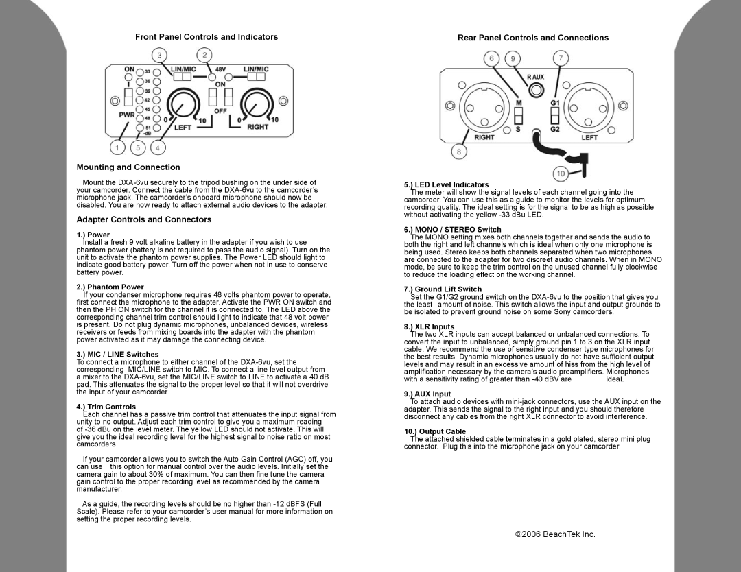 BeachTek DXA-6vu Front Panel Controls and Indicators Mounting and Connection, Adapter Controls and Connectors 